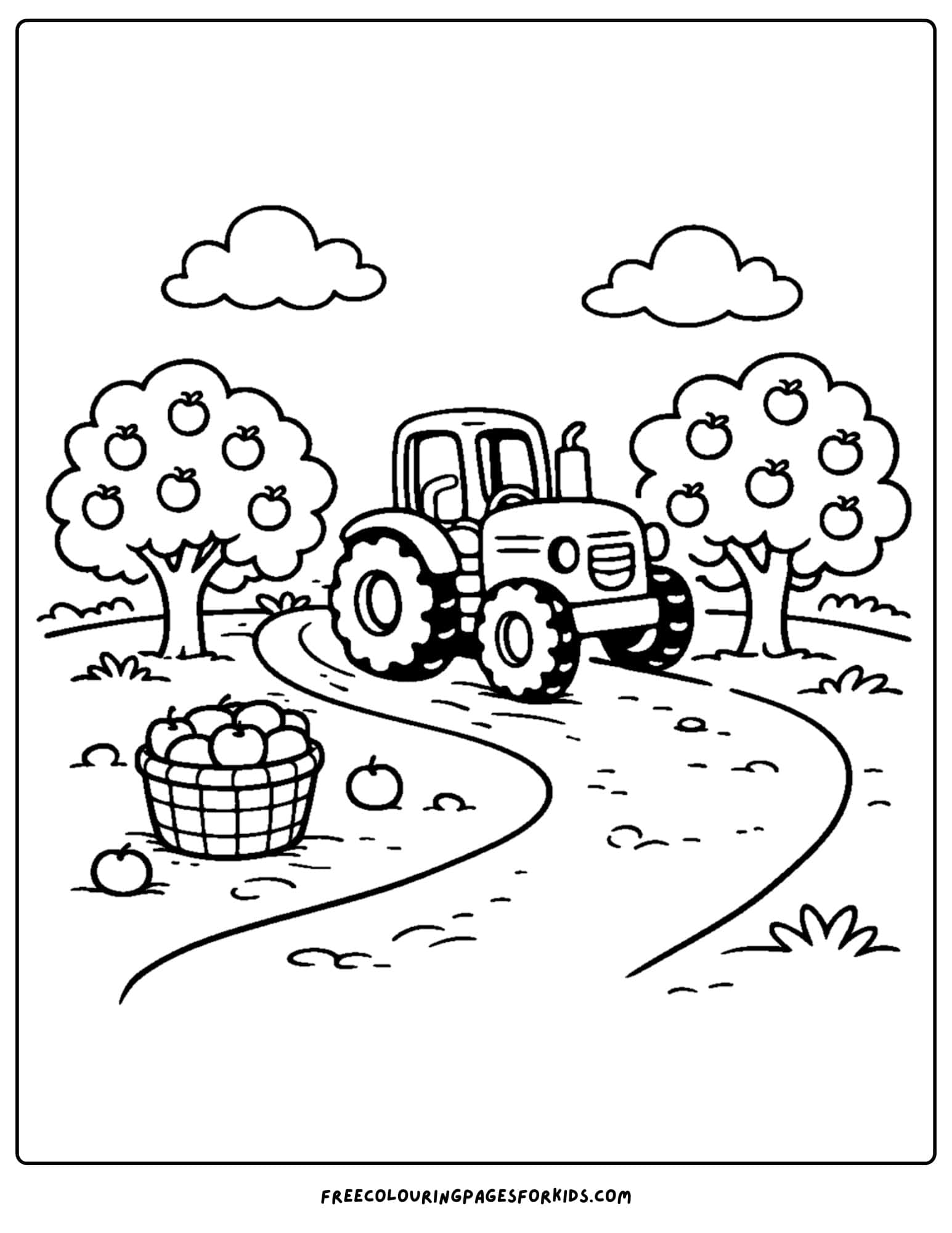 a coloring page showing a tractor in an apple orchard