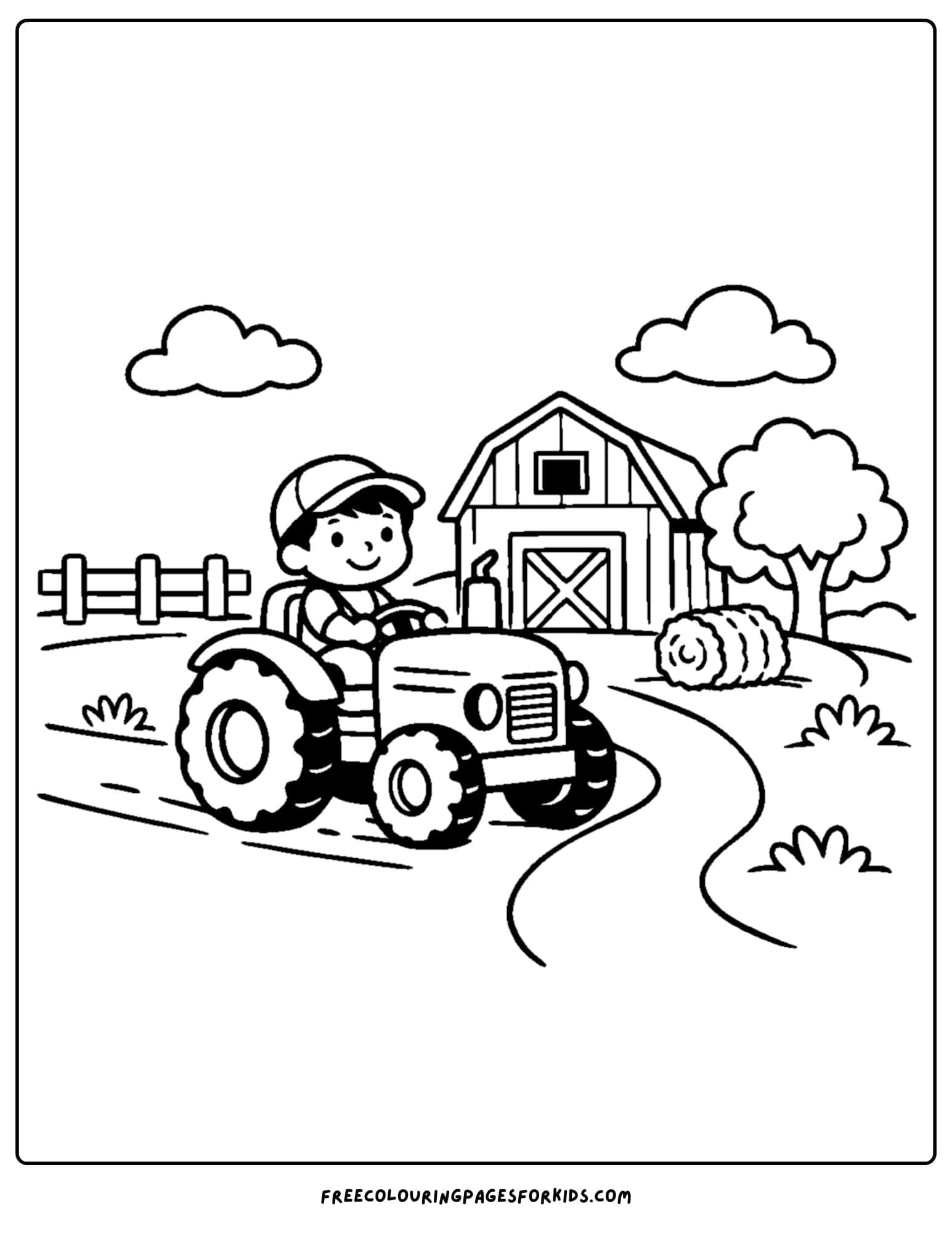 a coloring page showing a tractor being driven by a child on a farm