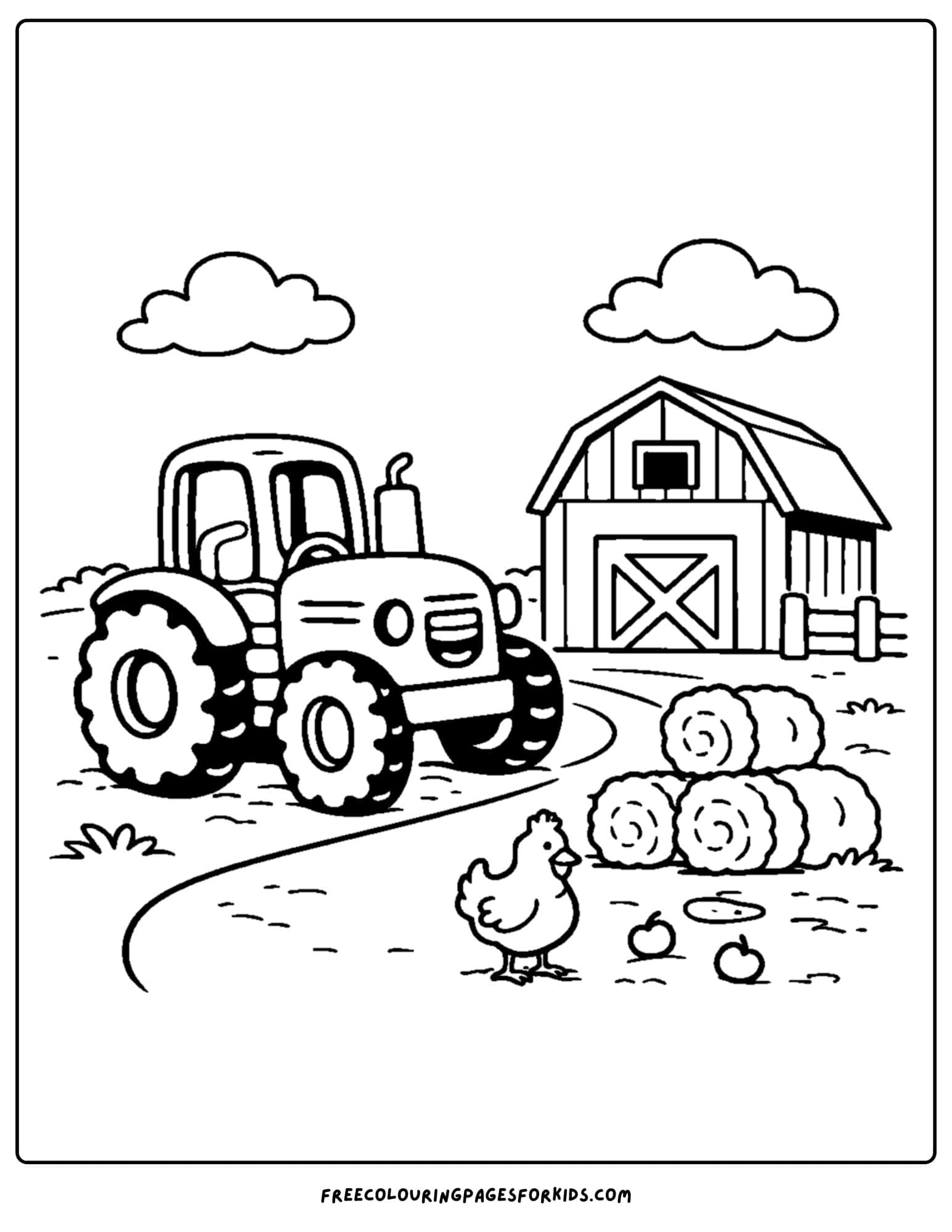 a coloring page showing a tractor parked at a barnyard