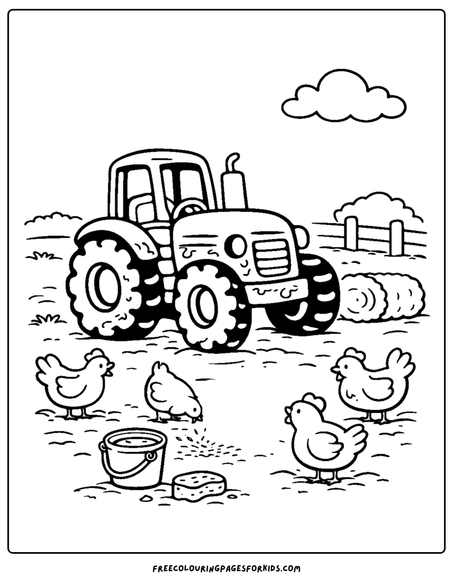 a coloring page showing a tractor amongst some chickens on a farm