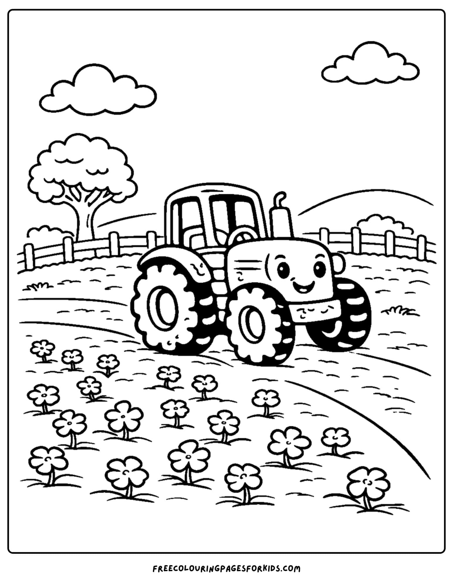 a coloring page showing a tractor in a clower field