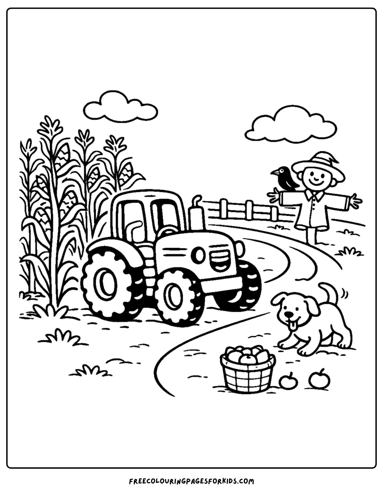 a coloring page showing a tractor in a corn field