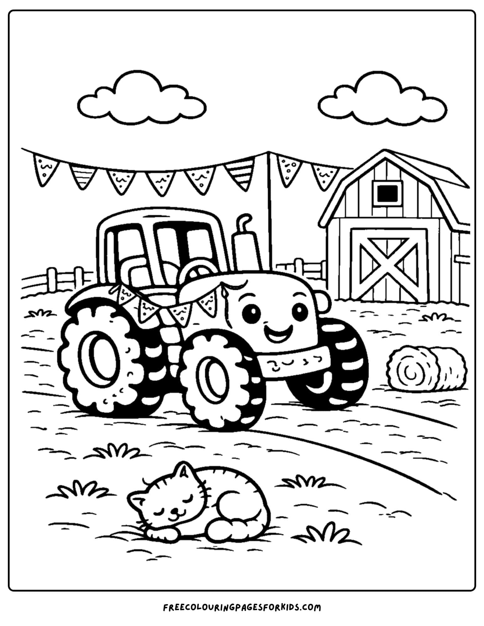 a coloring page showing a tractor parked at a parade
