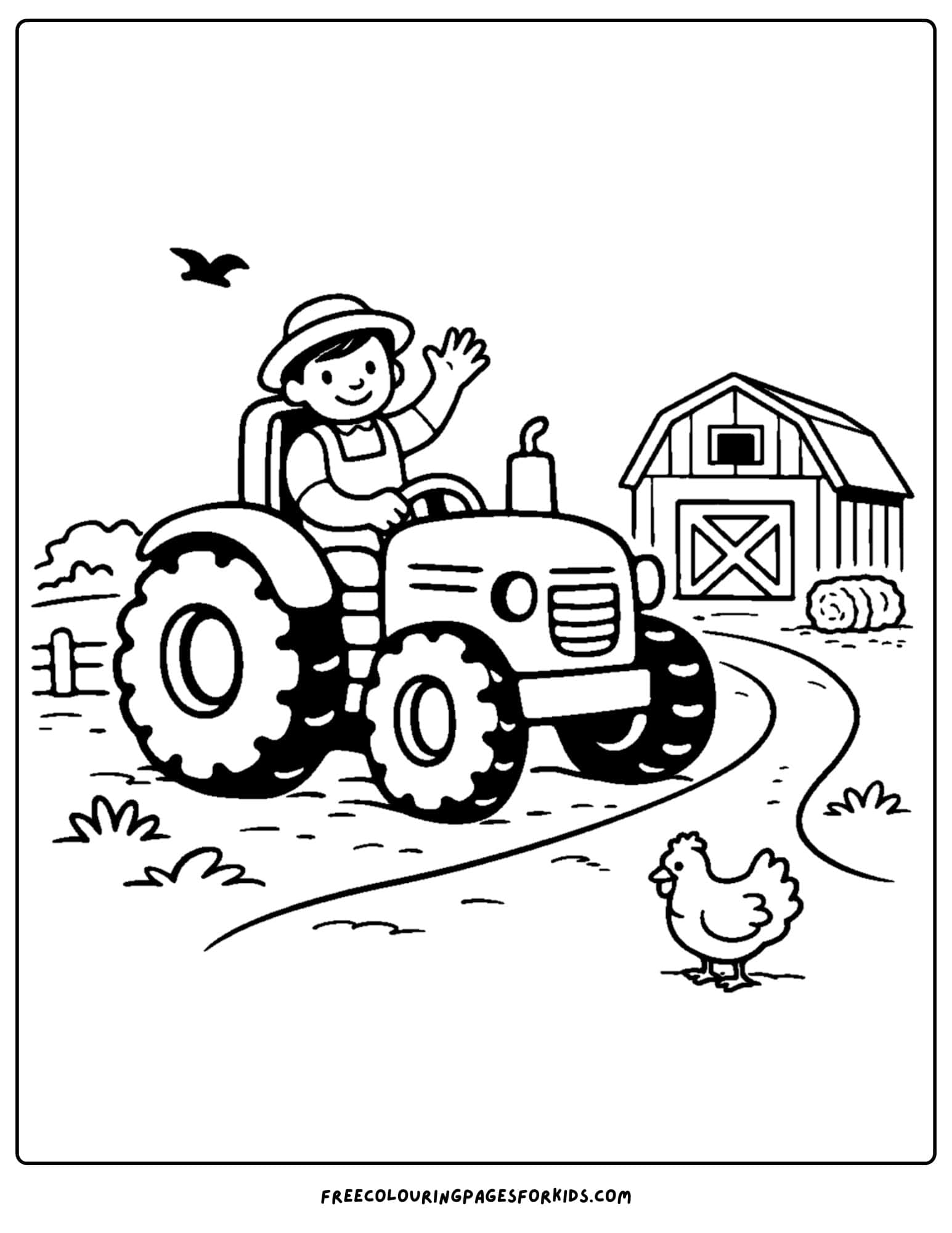 a coloring page showing a tractor with a farmer driving it and waving
