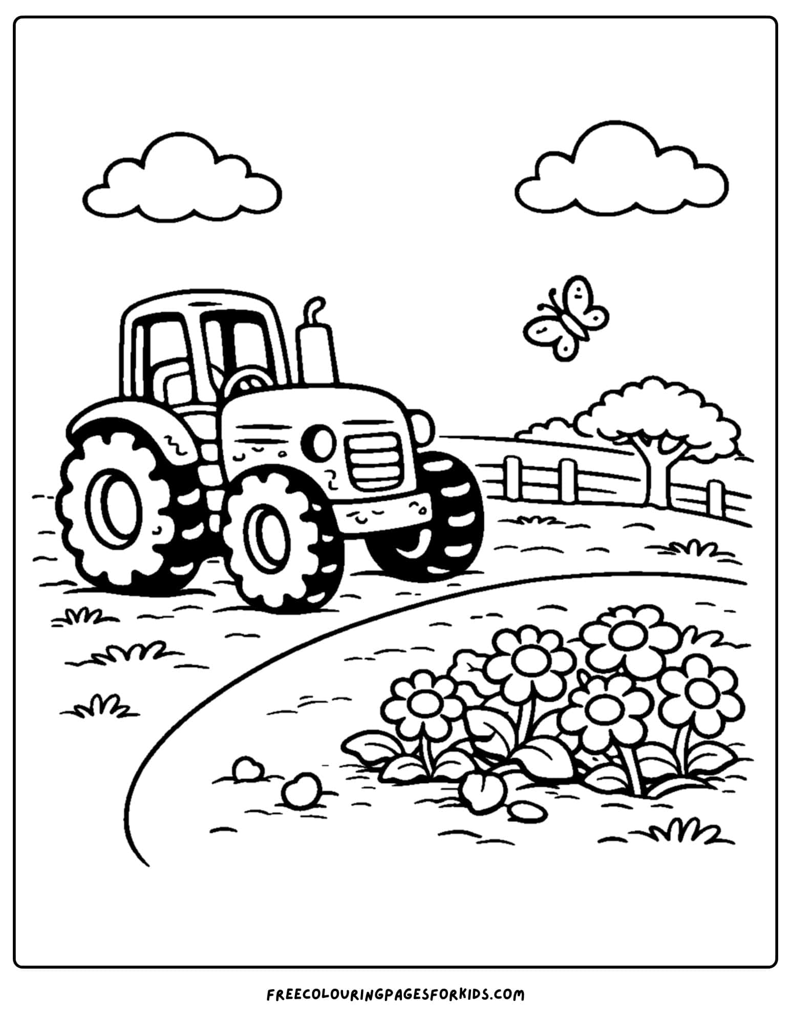 a coloring page showing a tractor puling up to a flower field