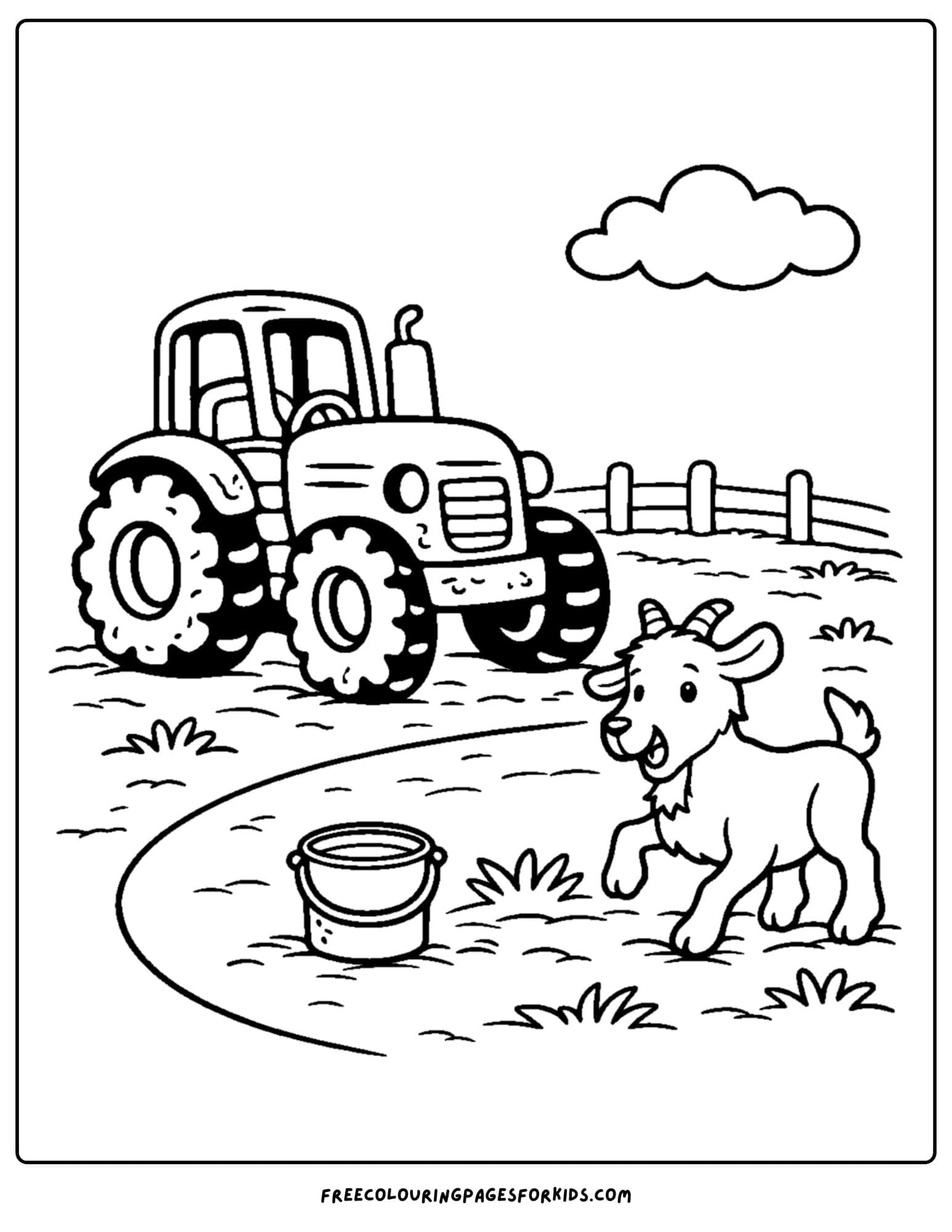 a coloring page showing a tractor and a friendly goat