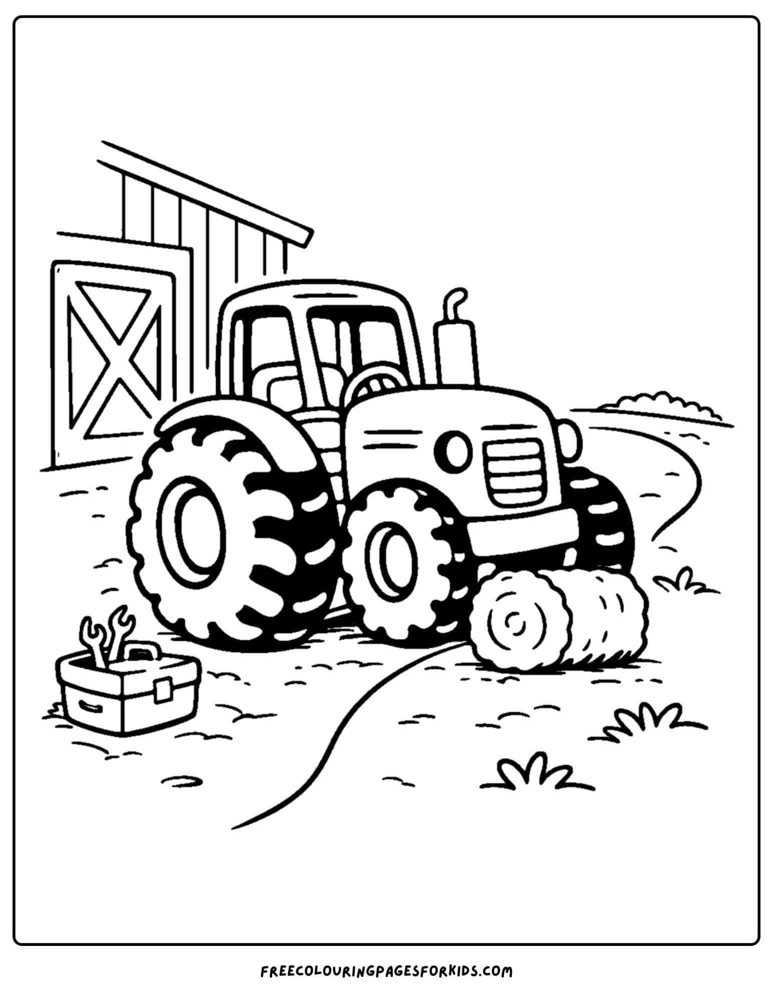 a coloring page showing a tractor parked outside a barn