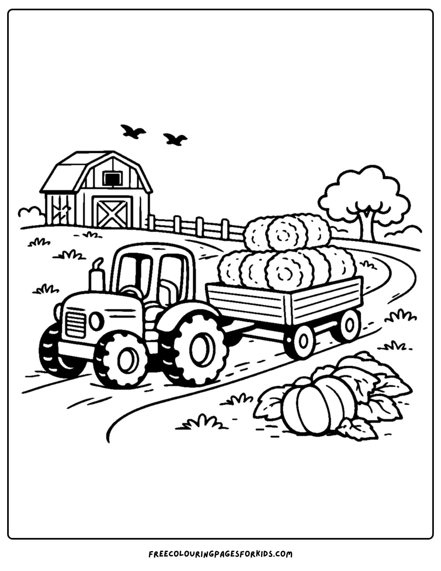 a coloring page showing a tractor pulling a hay wagon
