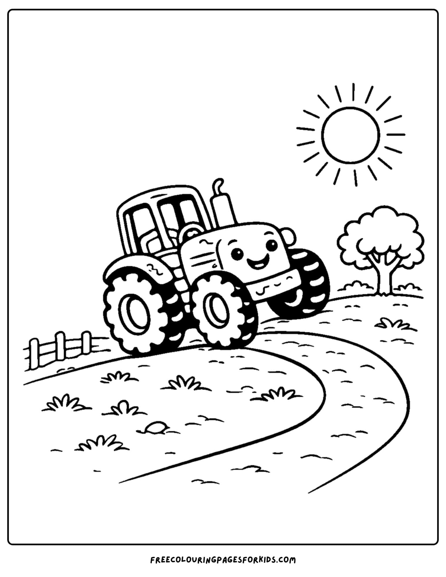 a coloring page showing a tractor driving up a hill