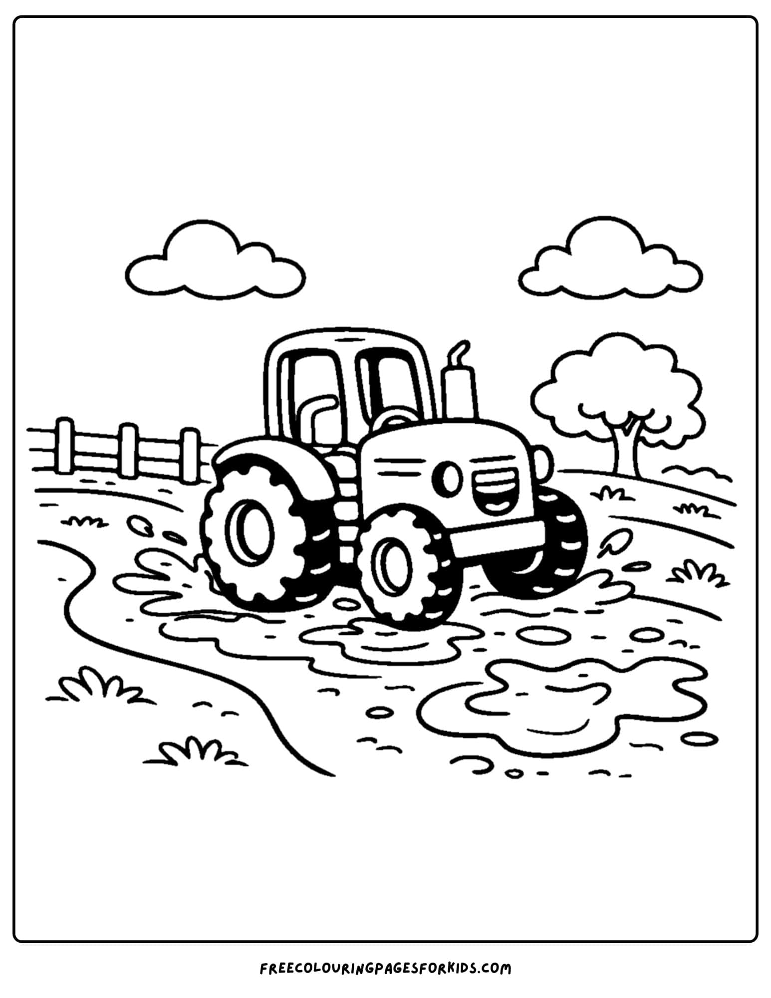 a coloring page showing a tractor going through a muddy road