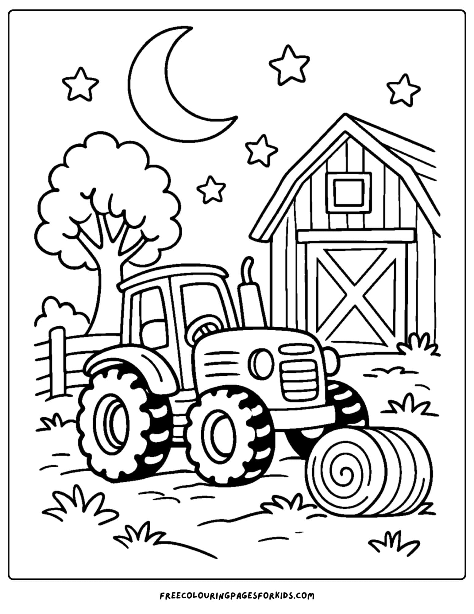 a coloring page showing a tractor park at night in front of a barn