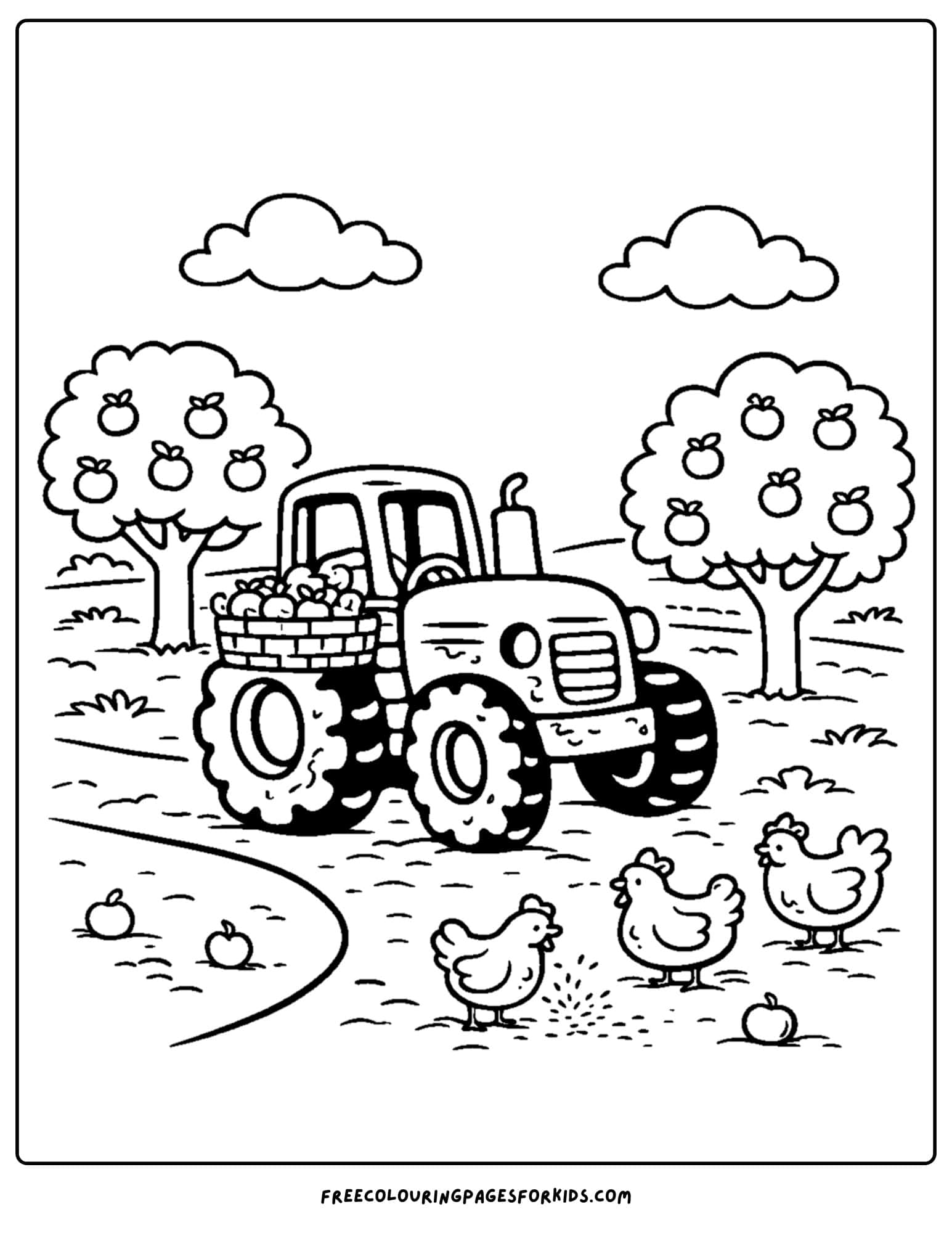a coloring page showing a tractor working in an orchard