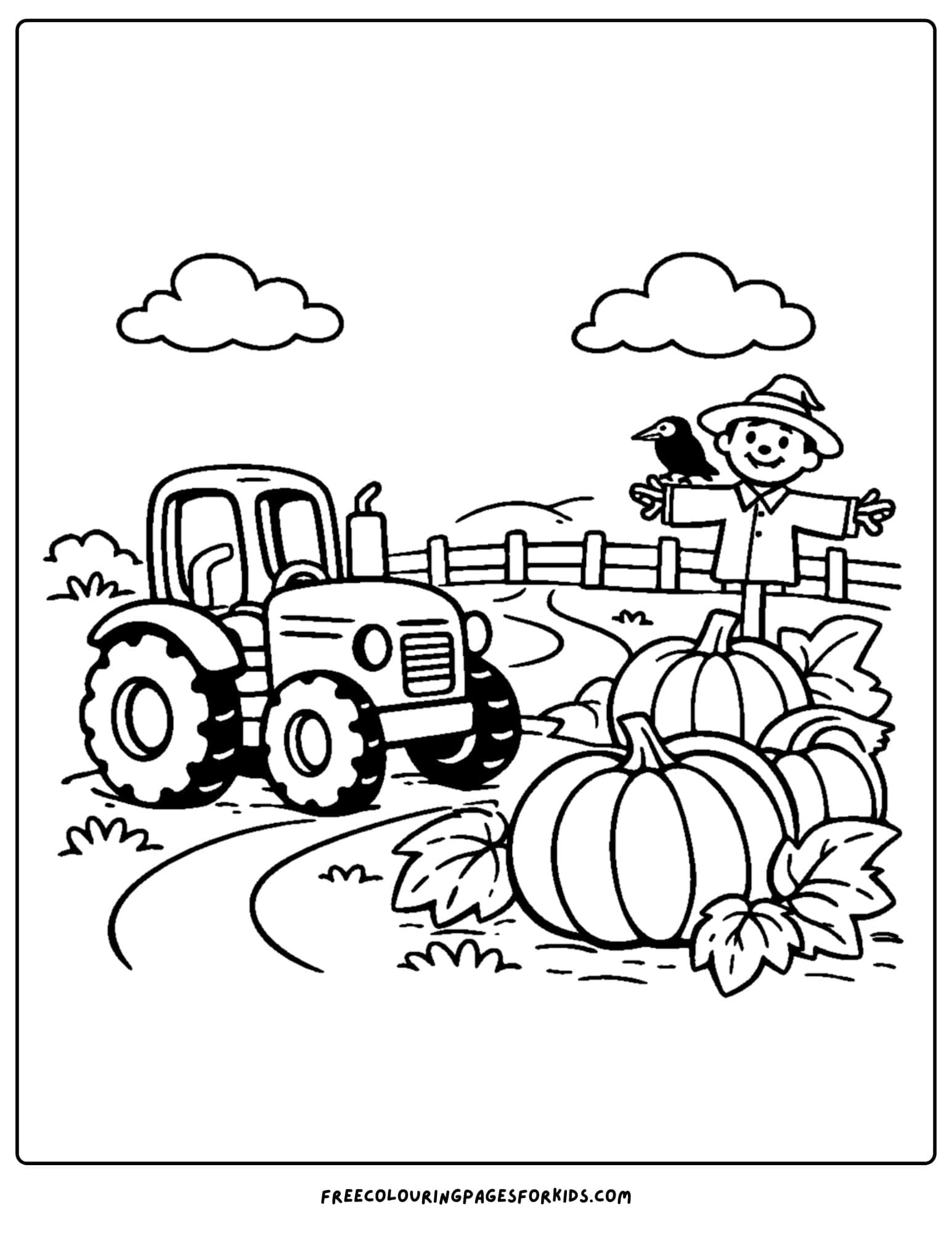 a coloring page showing a tractor driving up to a pumpkin patch