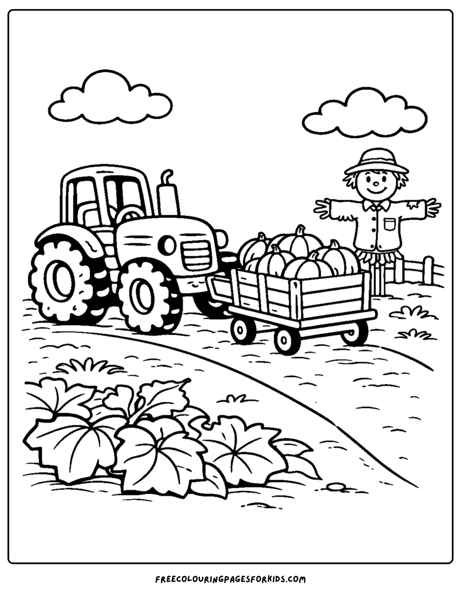 a coloring page showing a tractor and a wagon in the field