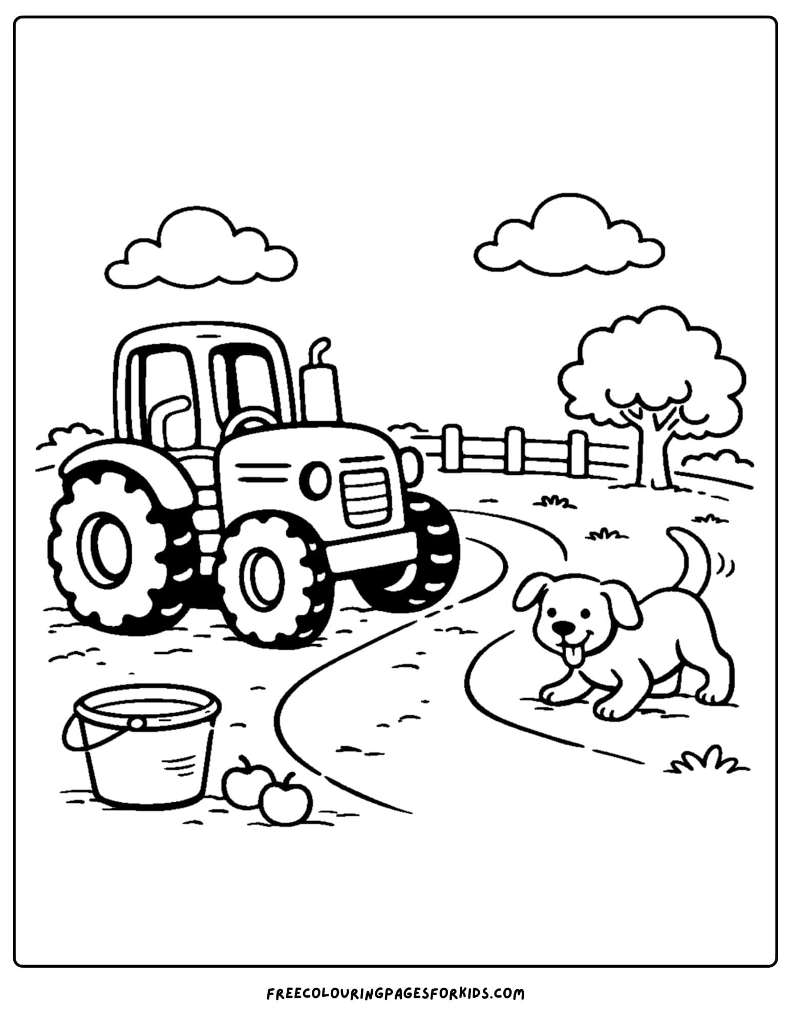 a coloring page showing a tractor with a puppy running around