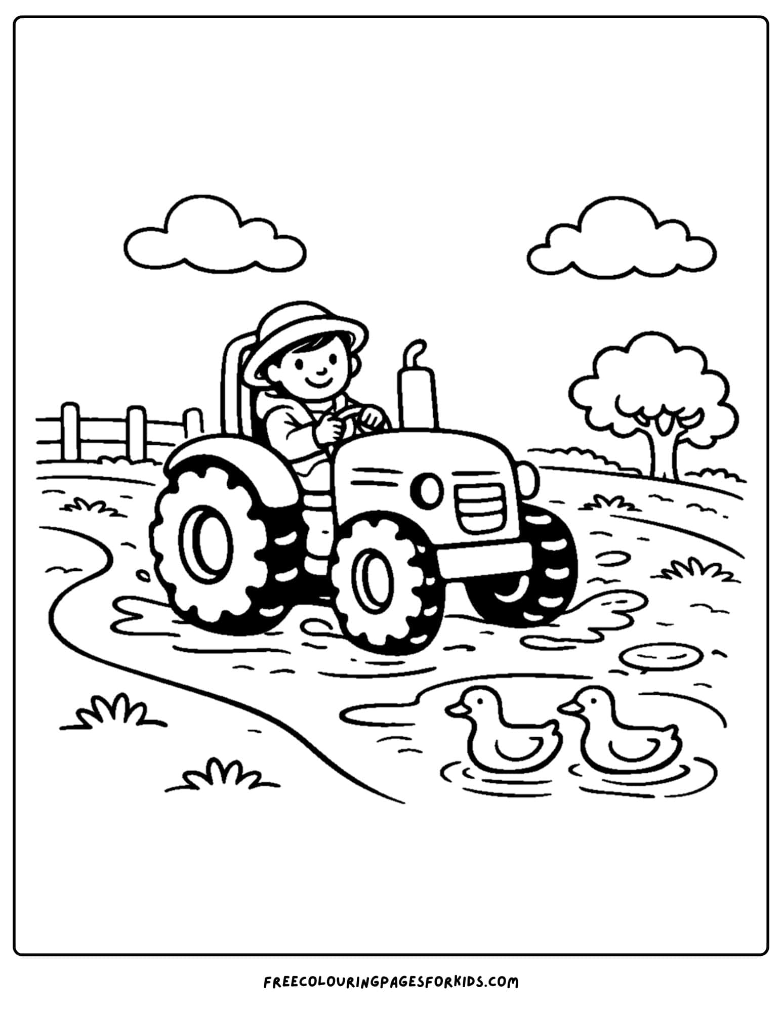a coloring page showing a tractor being driven by a farmer through water