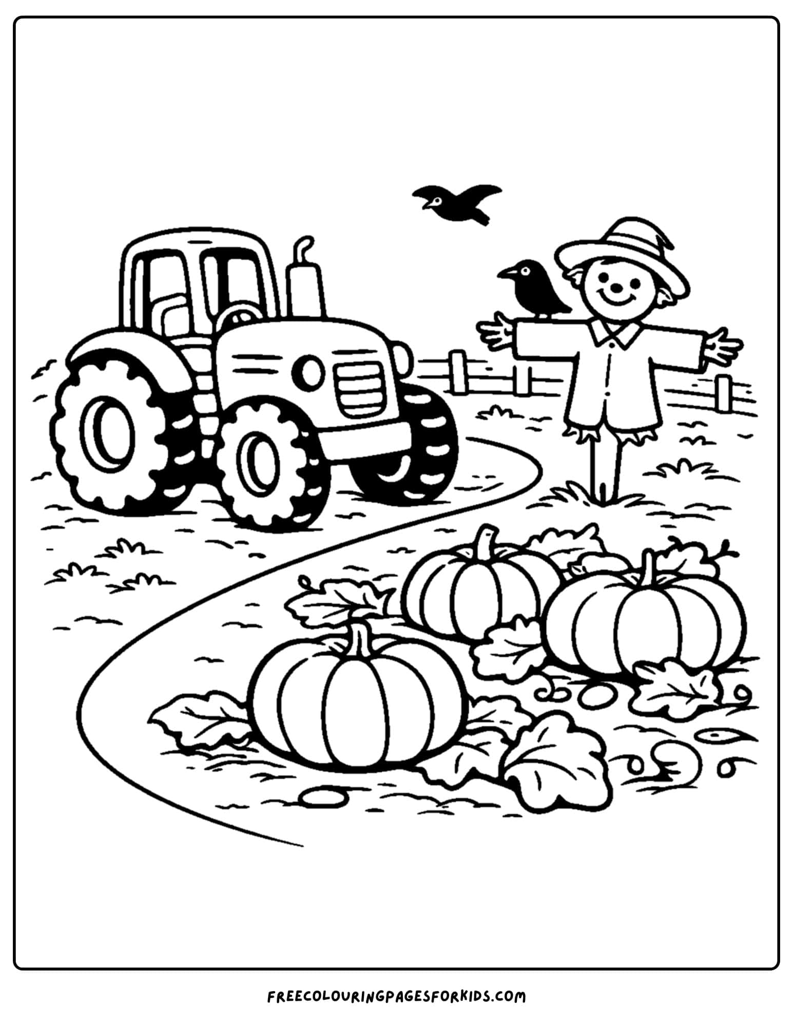 a coloring page showing a tractor and a scarecrow and pumpkin