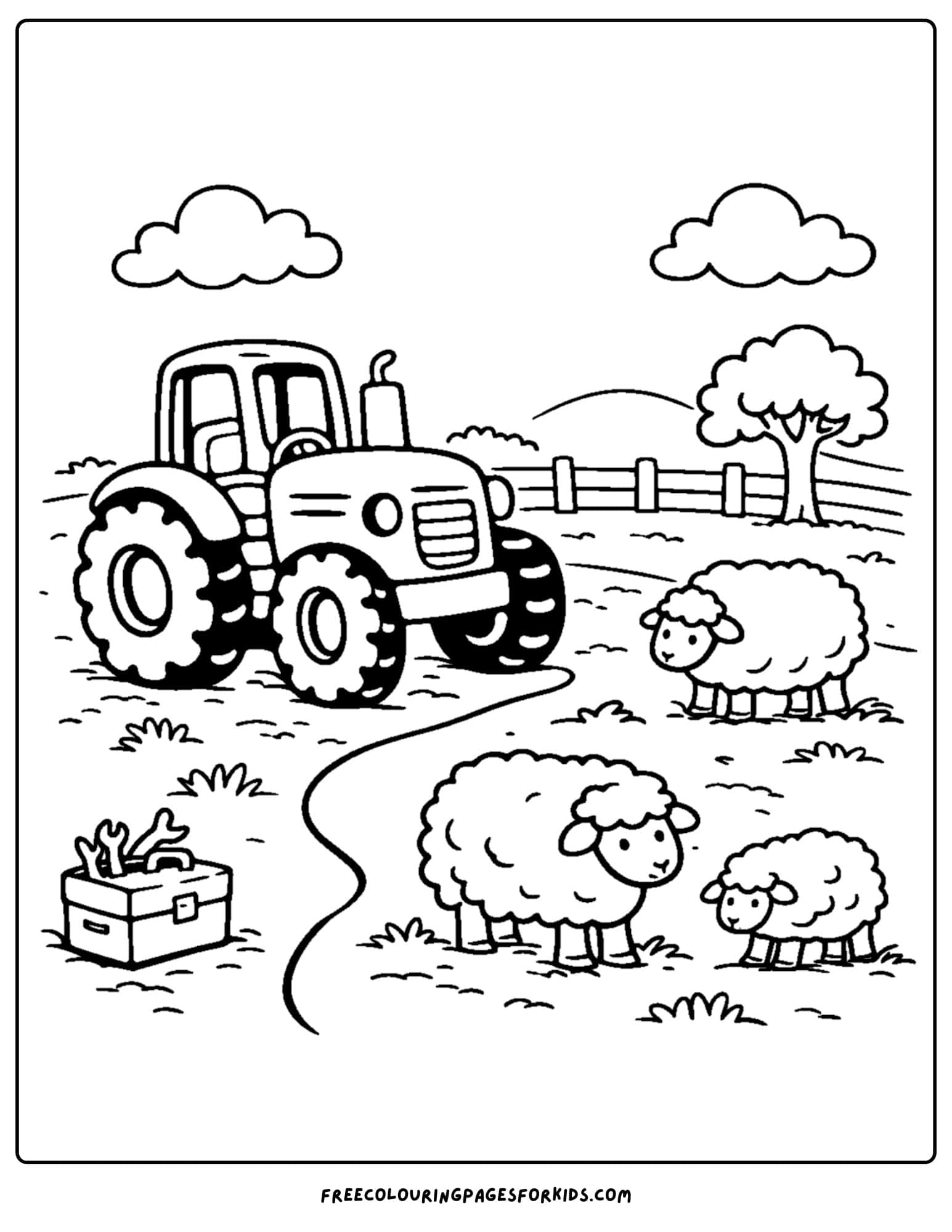 a coloring page showing a tractor stopped with sheep grazing in front of it