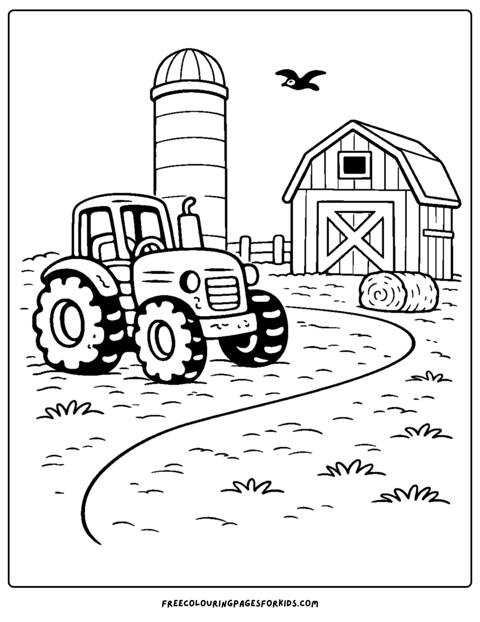 a coloring page showing a tractor parked in front of a barn with a silo