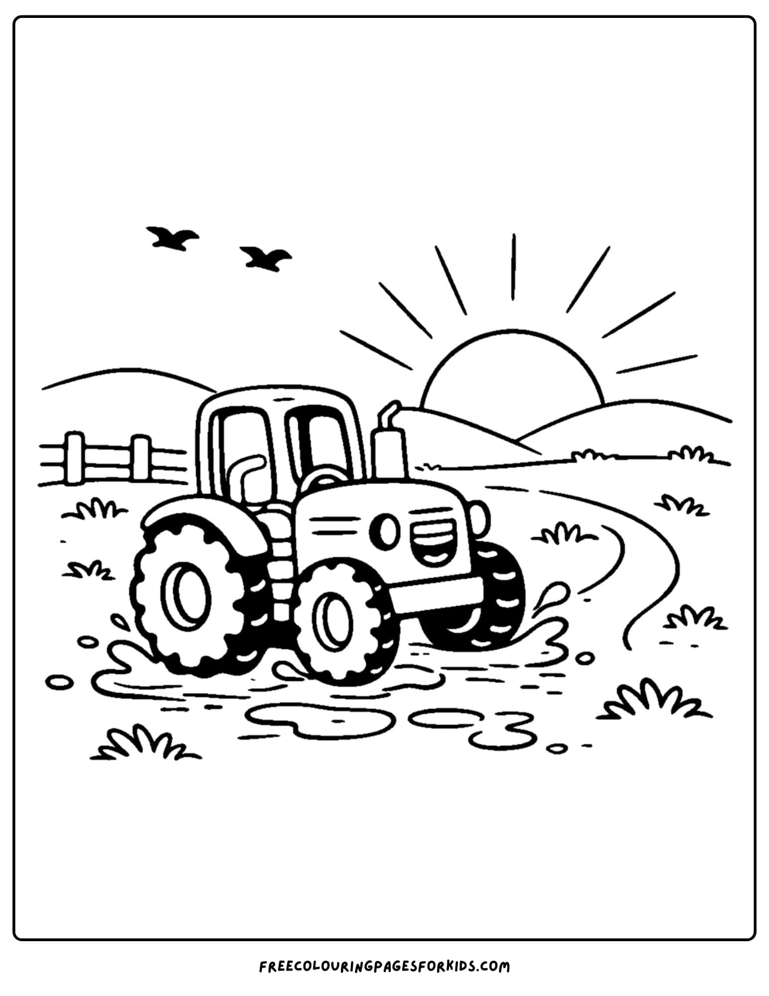 a coloring page showing a tractor going to work at sunrise