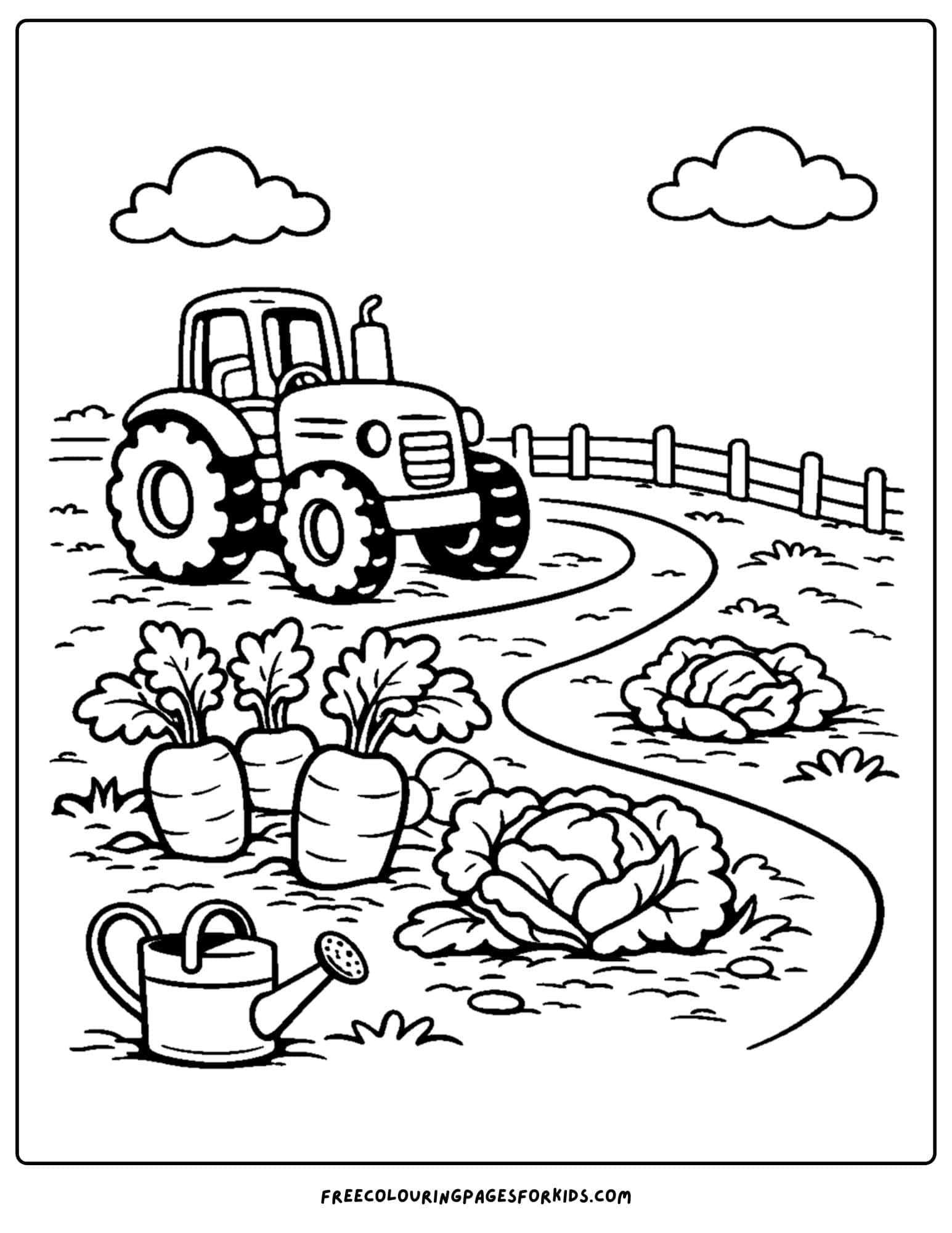 a coloring page showing a tractor driving down to a vegetable garden