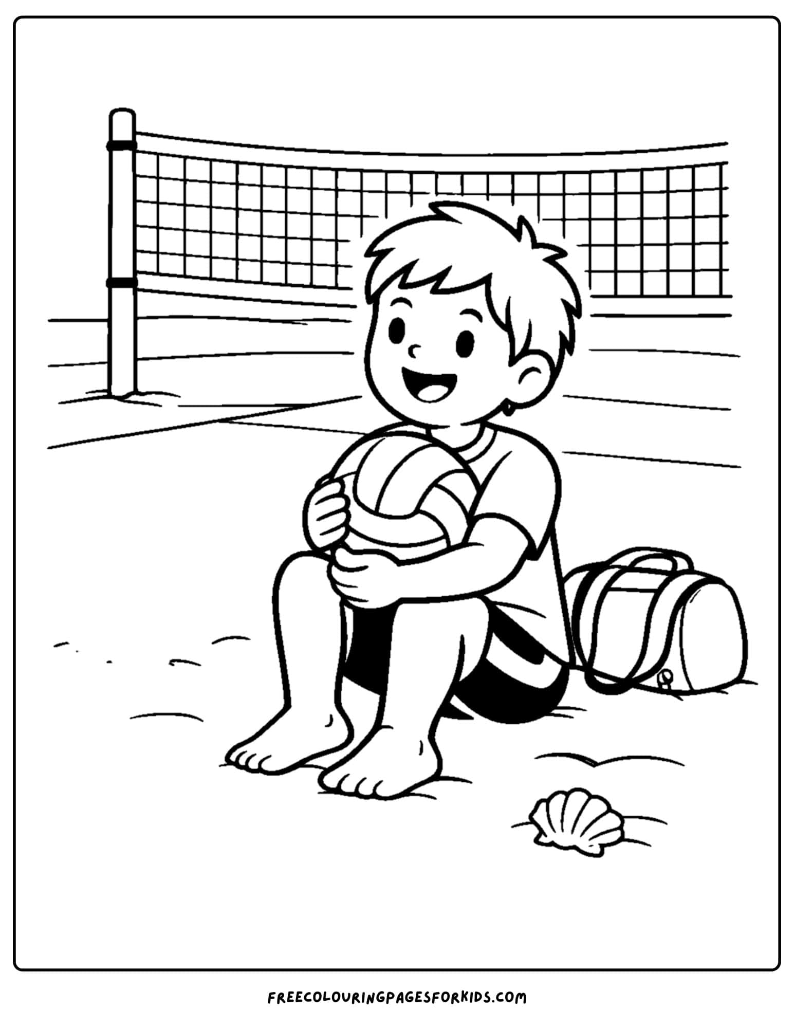 a coloring page of a volleyball player sitting having a rest after a game