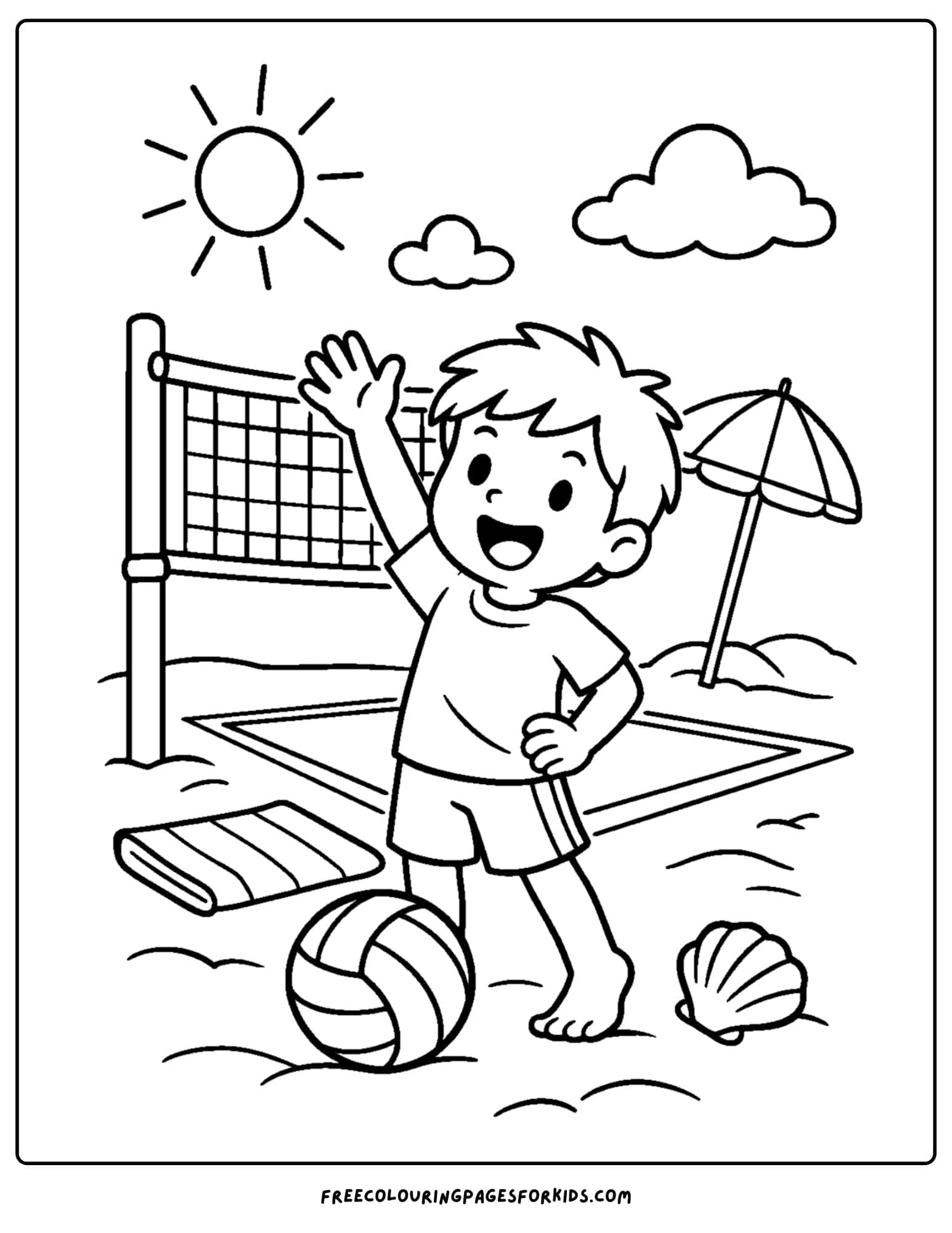 a coloring page of a volleyball player waving from the court at the beach