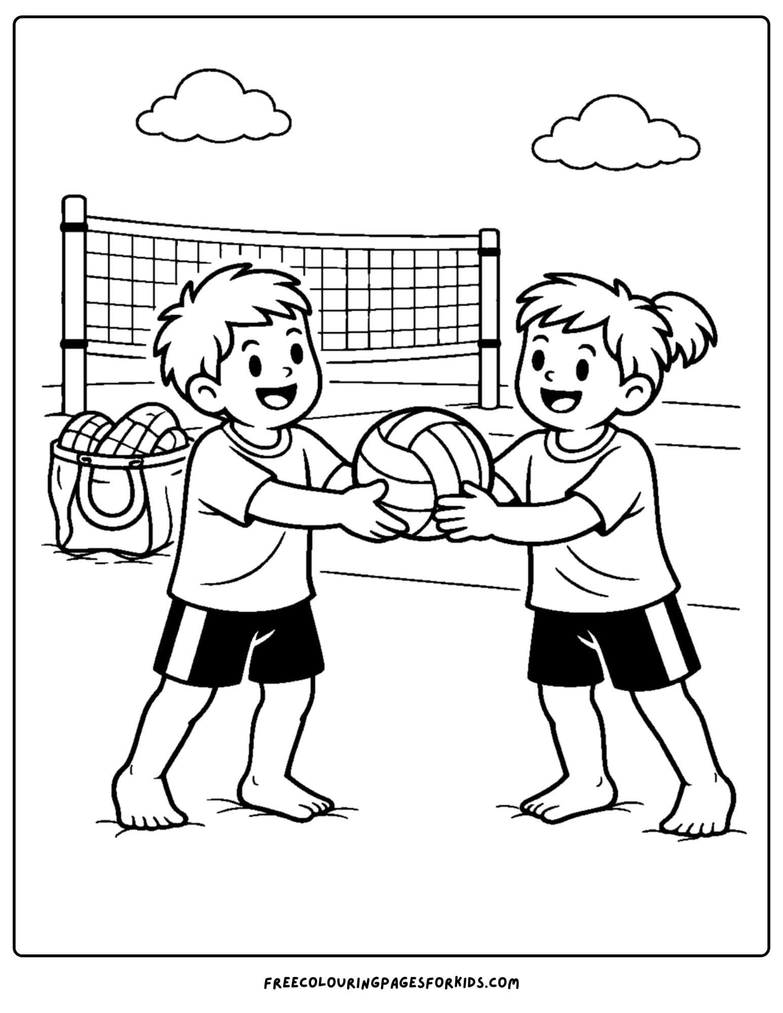 a coloring page of a volleyball player passing the ball to a friend