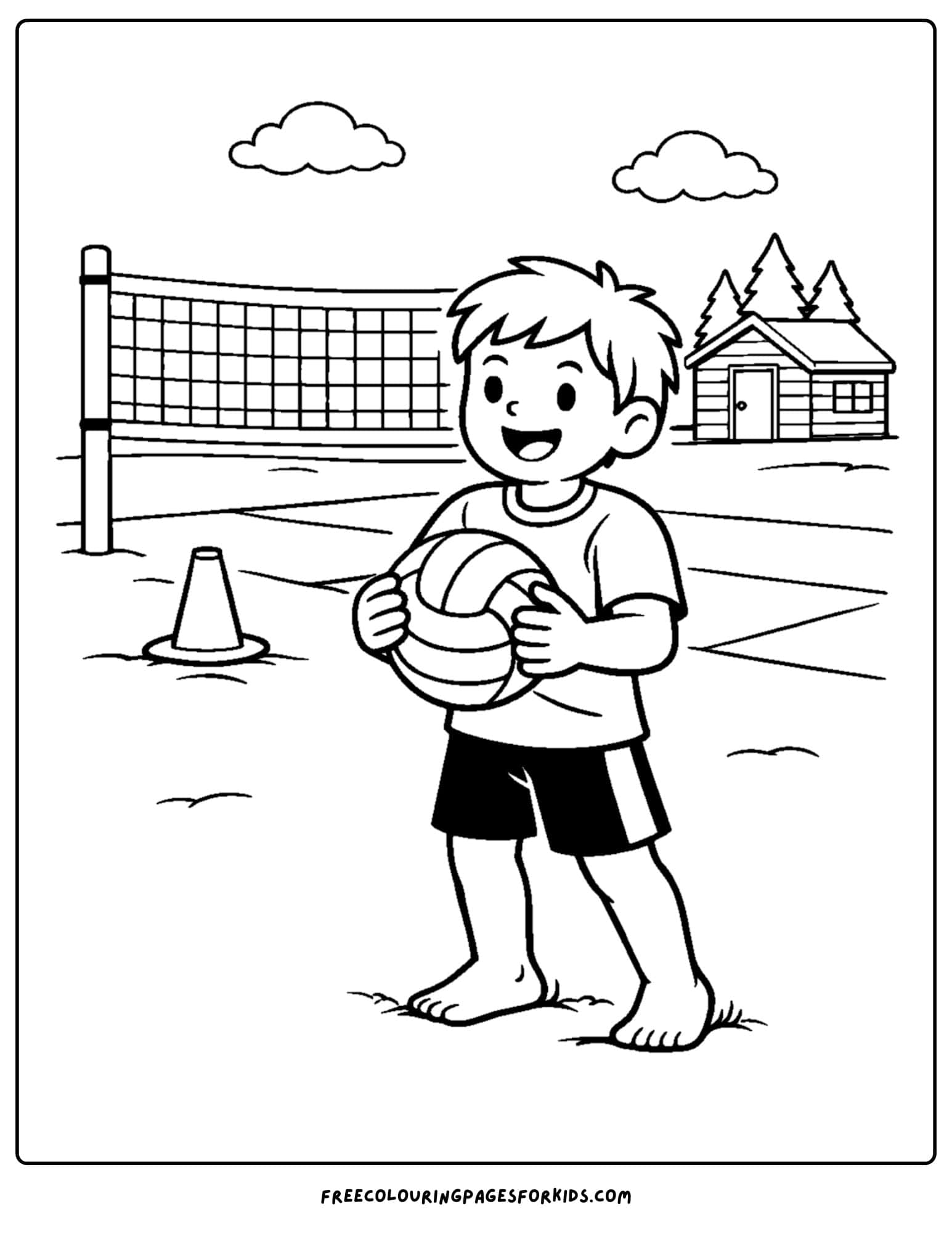 a coloring page of a volleyball player at camp ready for a game