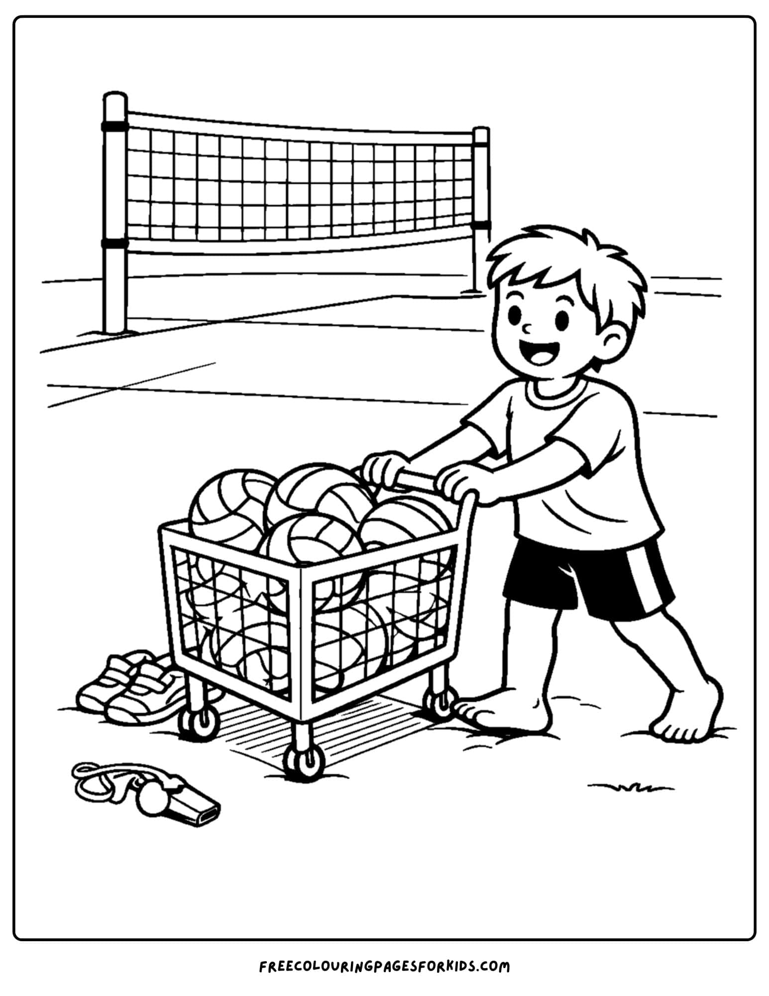 a coloring page of a volleyball player pushing a cart full of balls