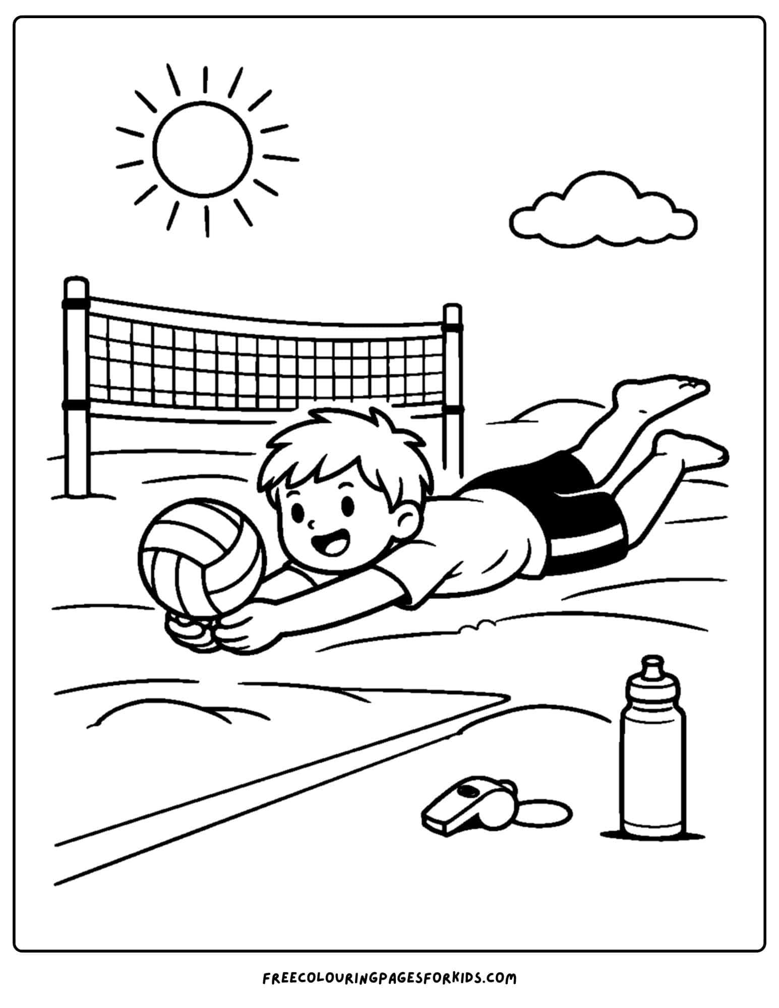 a coloring page of a volleyball player diving to save a ball