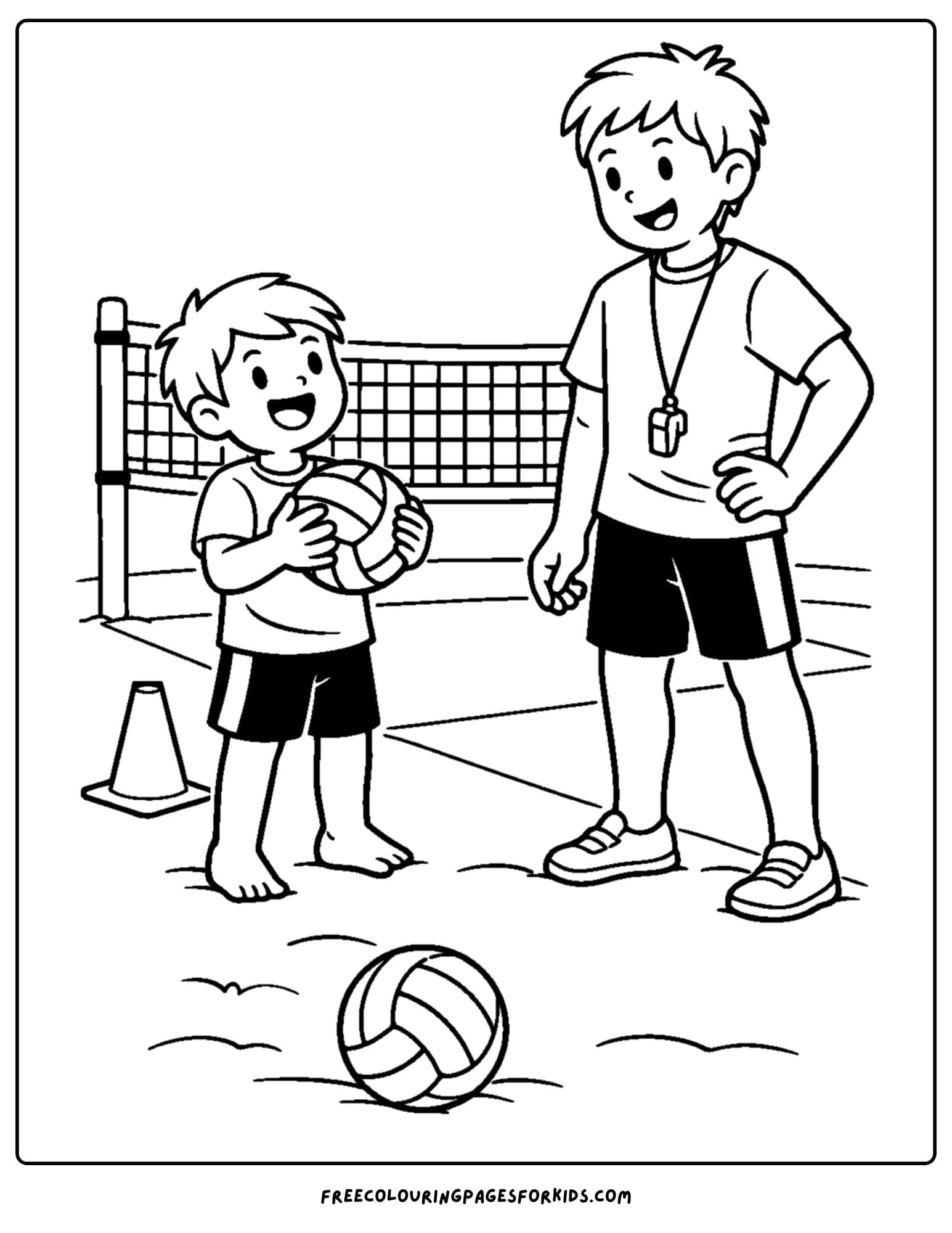 a coloring page of a volleyball player getting help from their coach