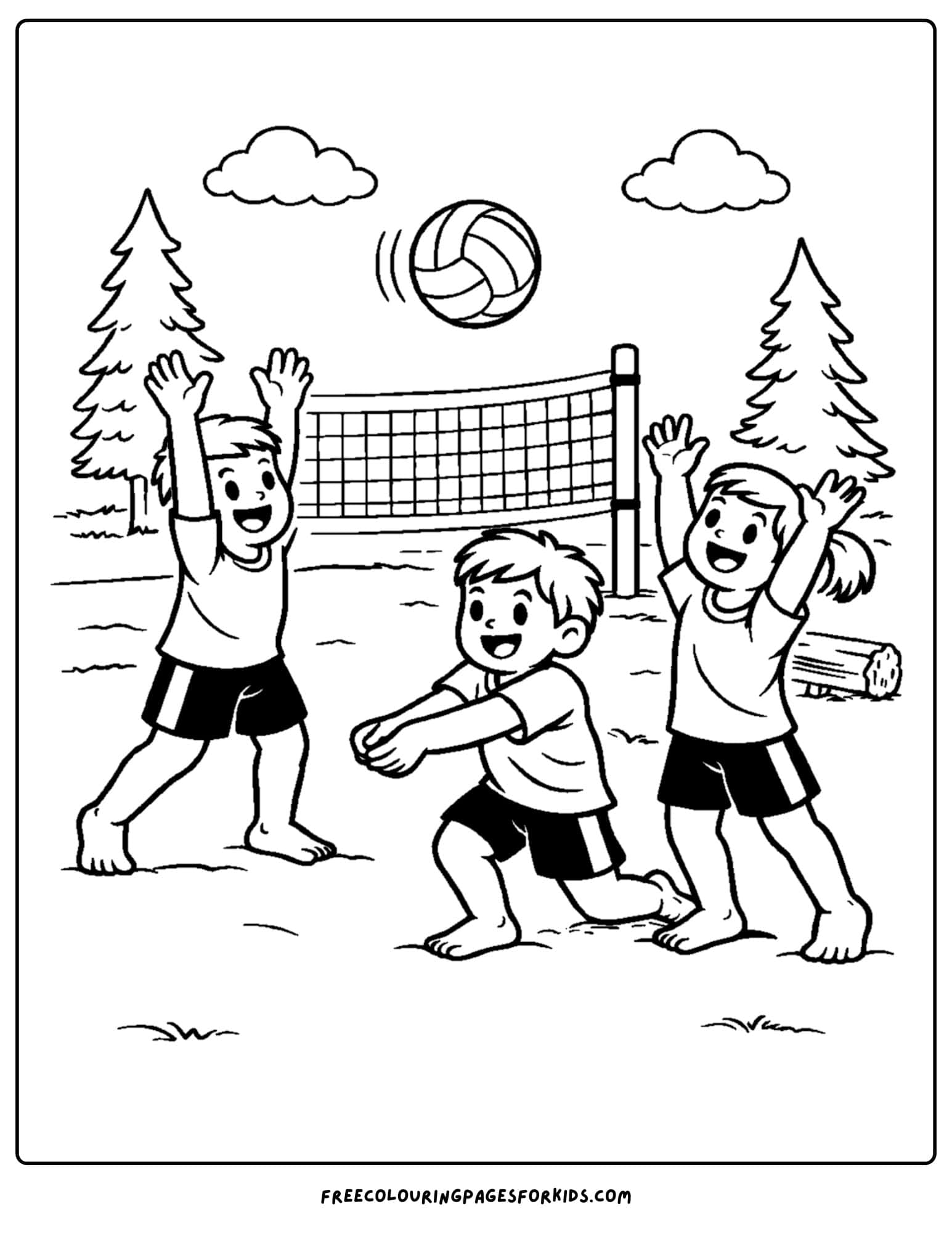 a coloring page of a forest camp game of volleyball