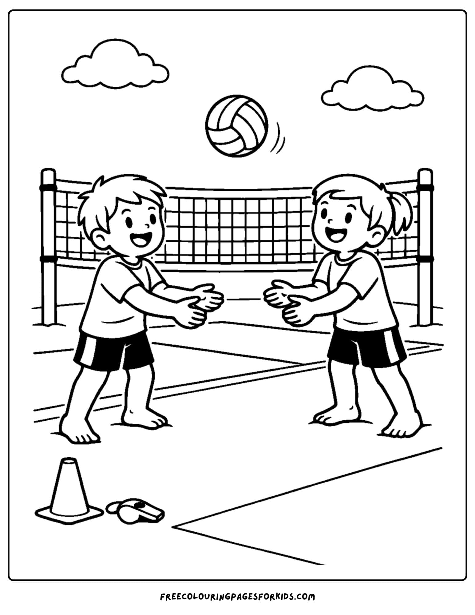 a coloring page of a volleyball player having a friendly match with a friend