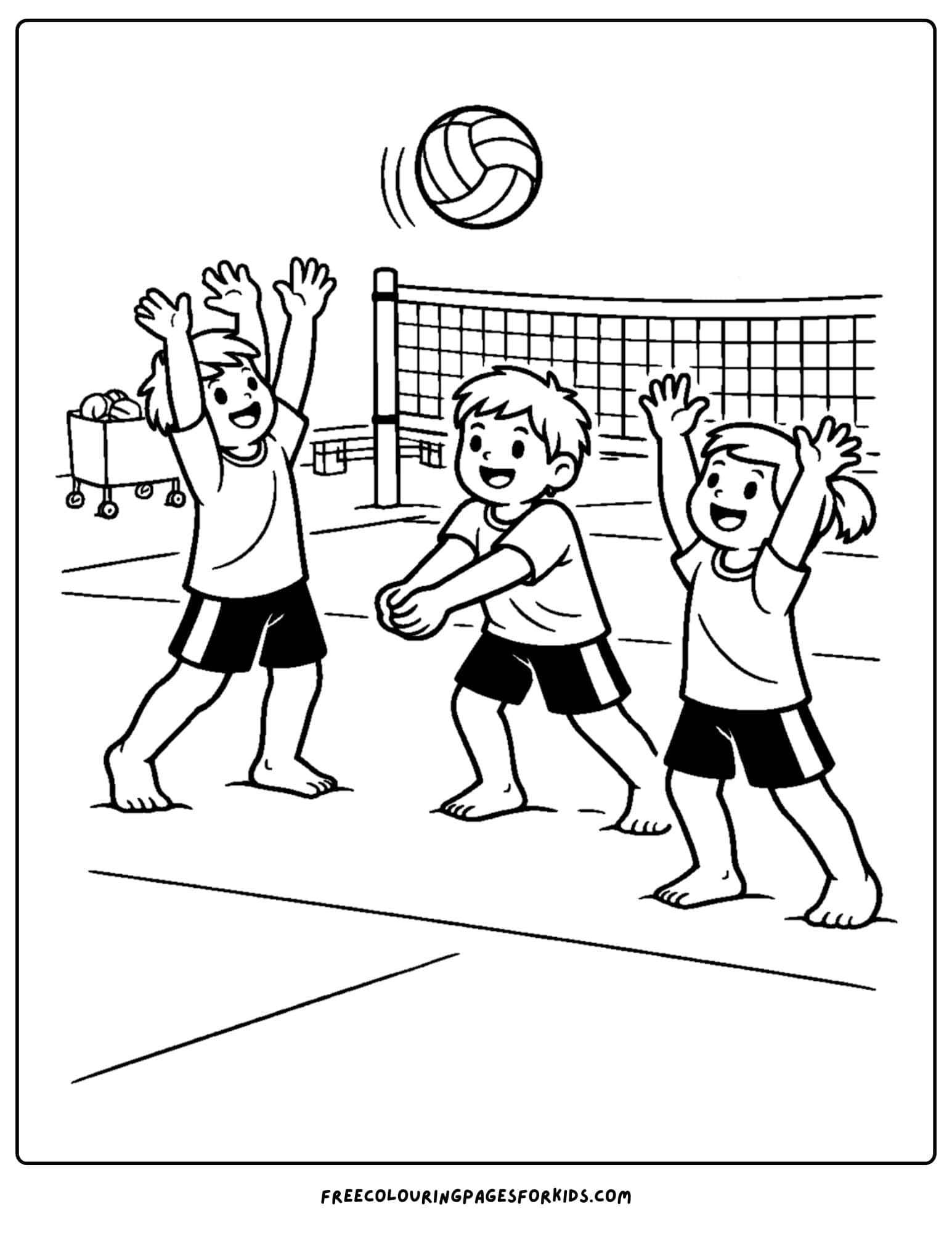 a coloring page of a few volleyball players practicing in the gym