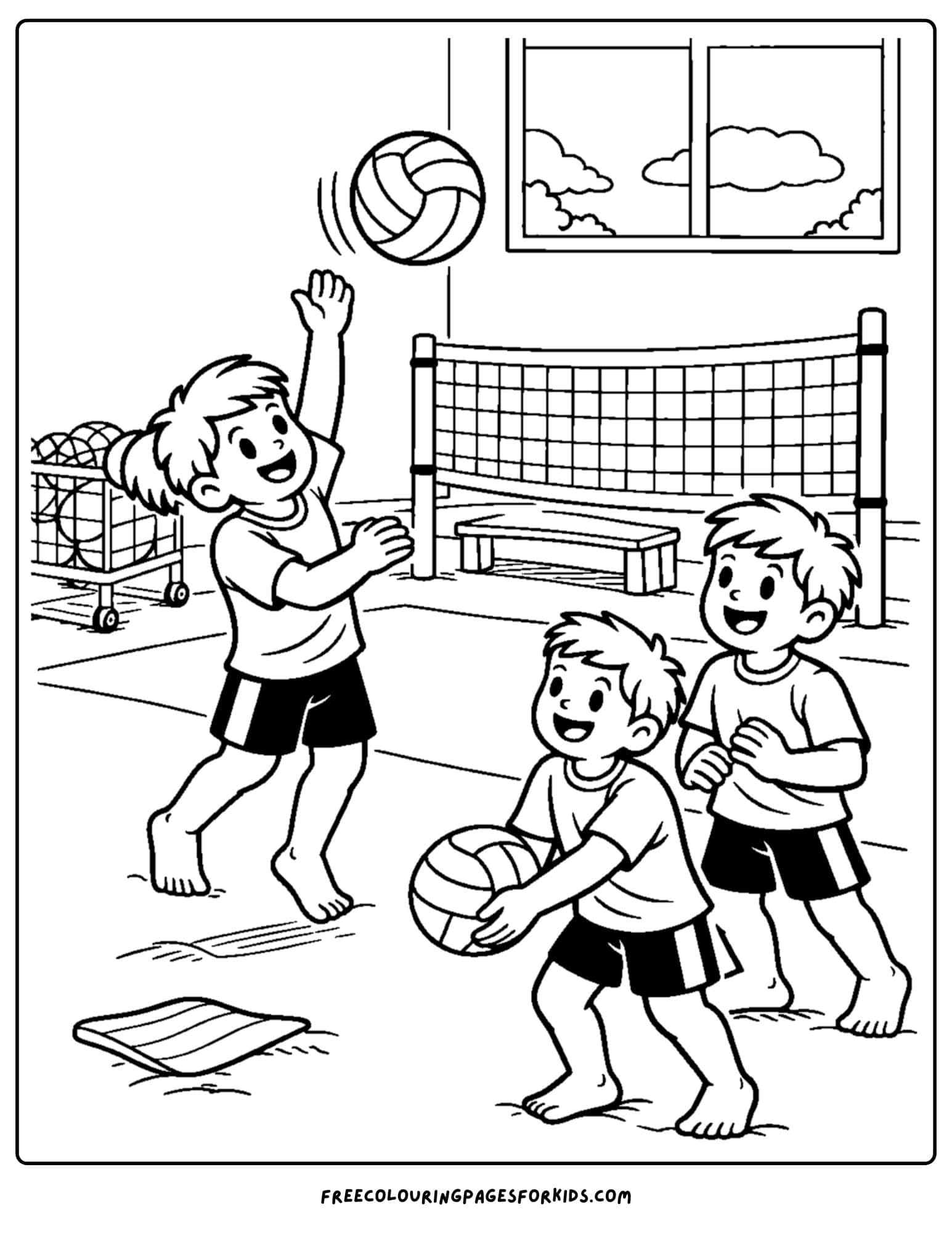 a coloring page of an indoor volleyball gym game