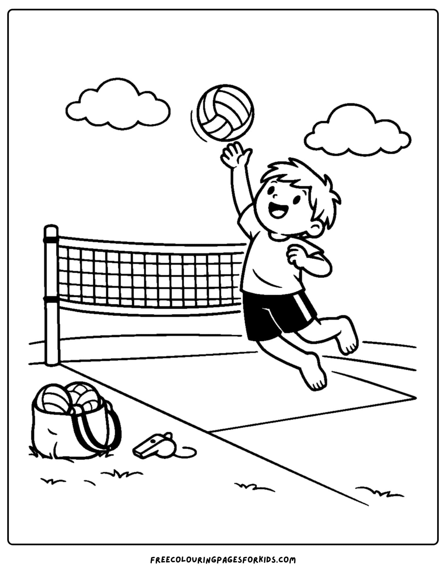 a coloring page of a volleyball player doing a jump and spike