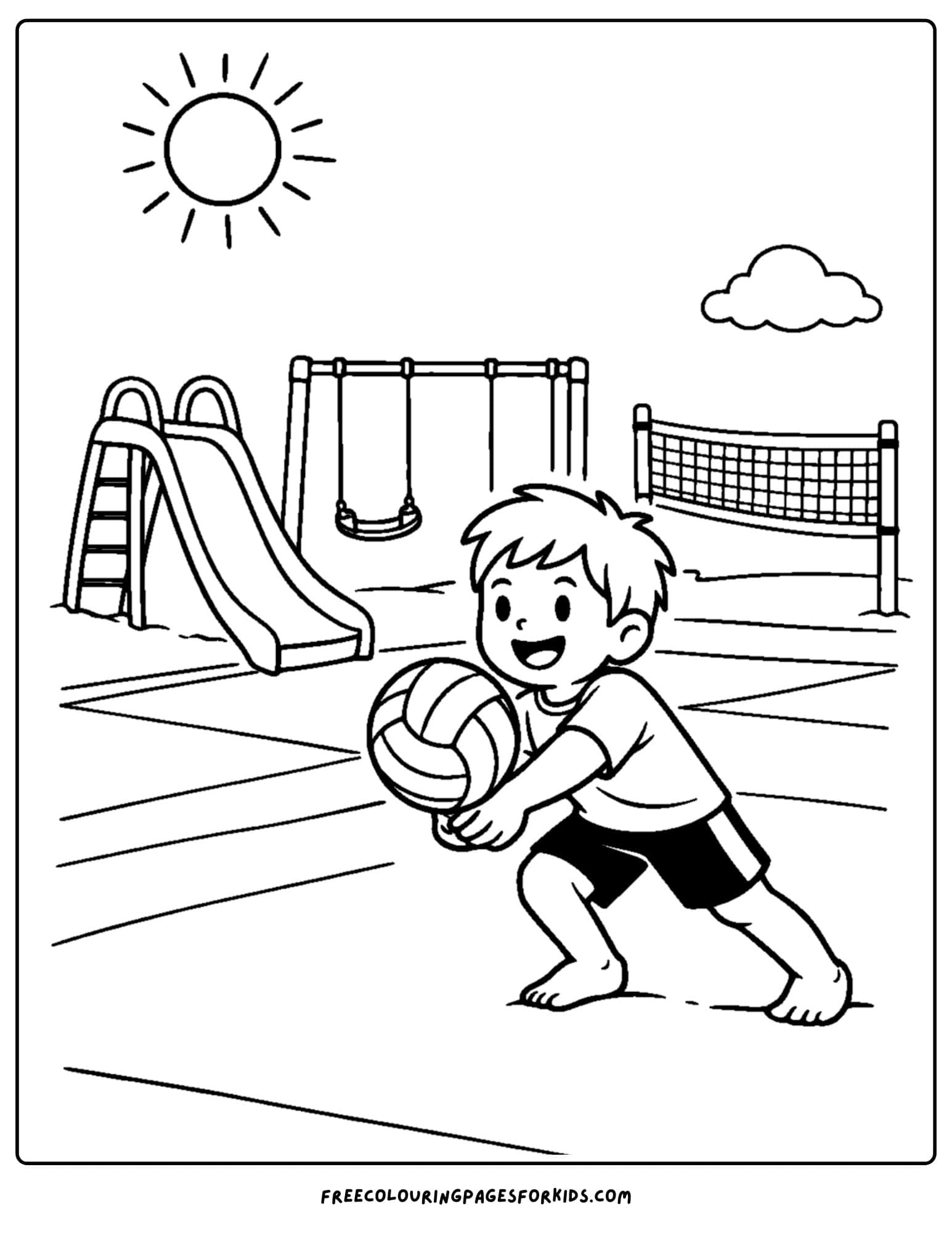 a coloring page of a volleyball player playing at a playground