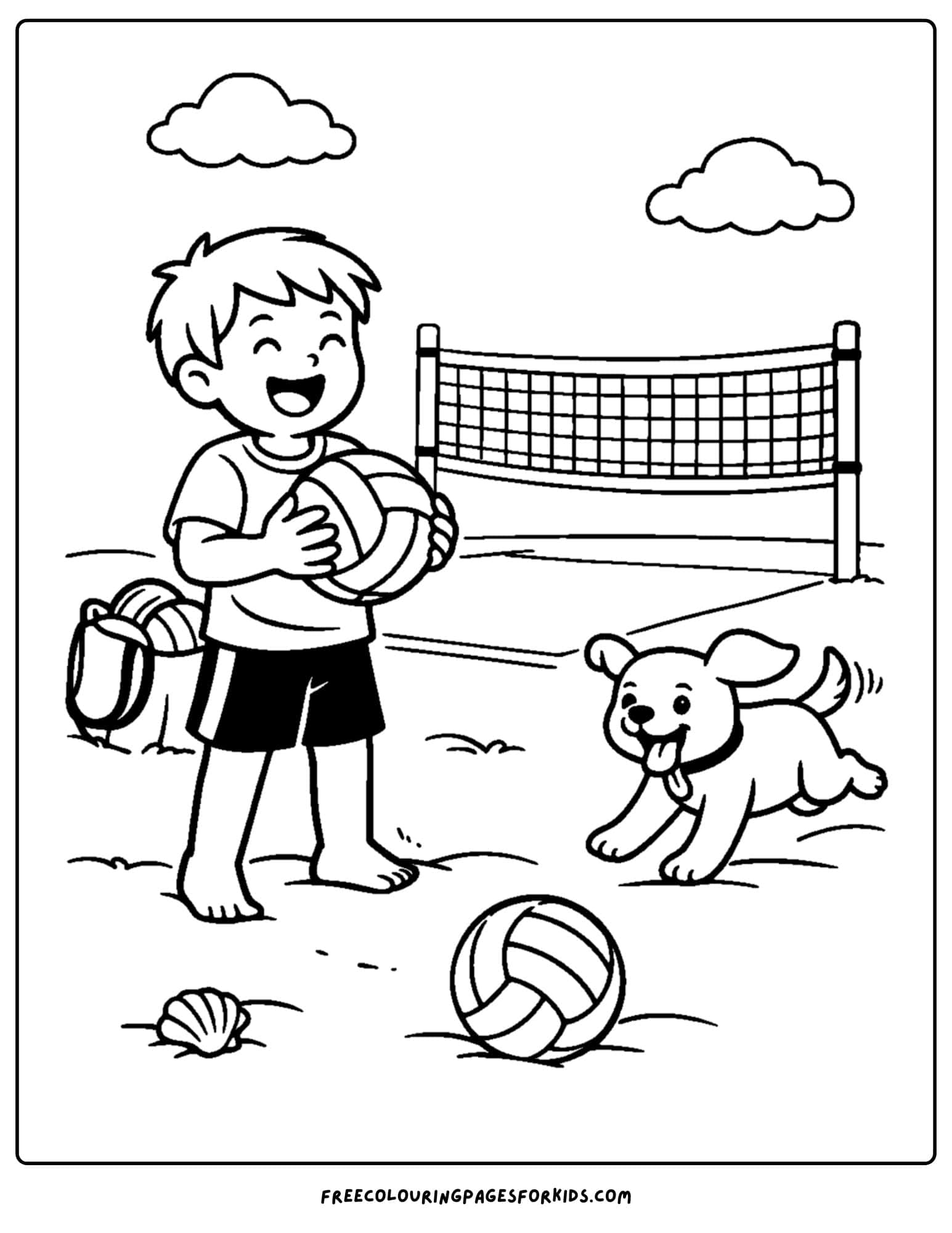 a coloring page of a volleyball player and their dog having fun together