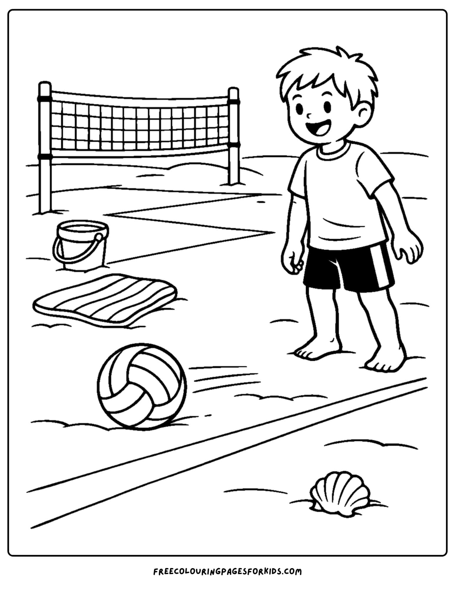 a coloring page of a volleyball player watching a ball roll away from them
