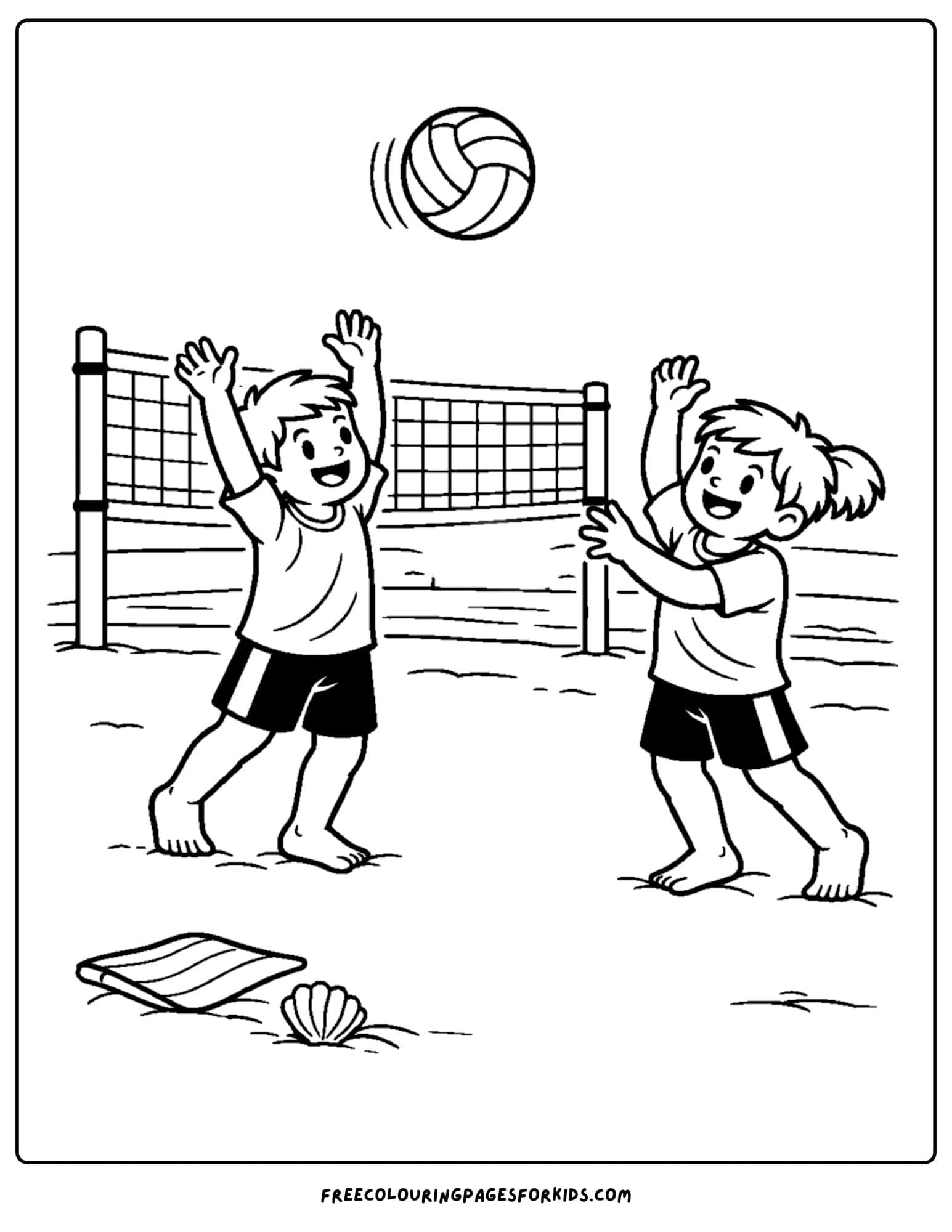a coloring page of a volleyball player and a friend playing together