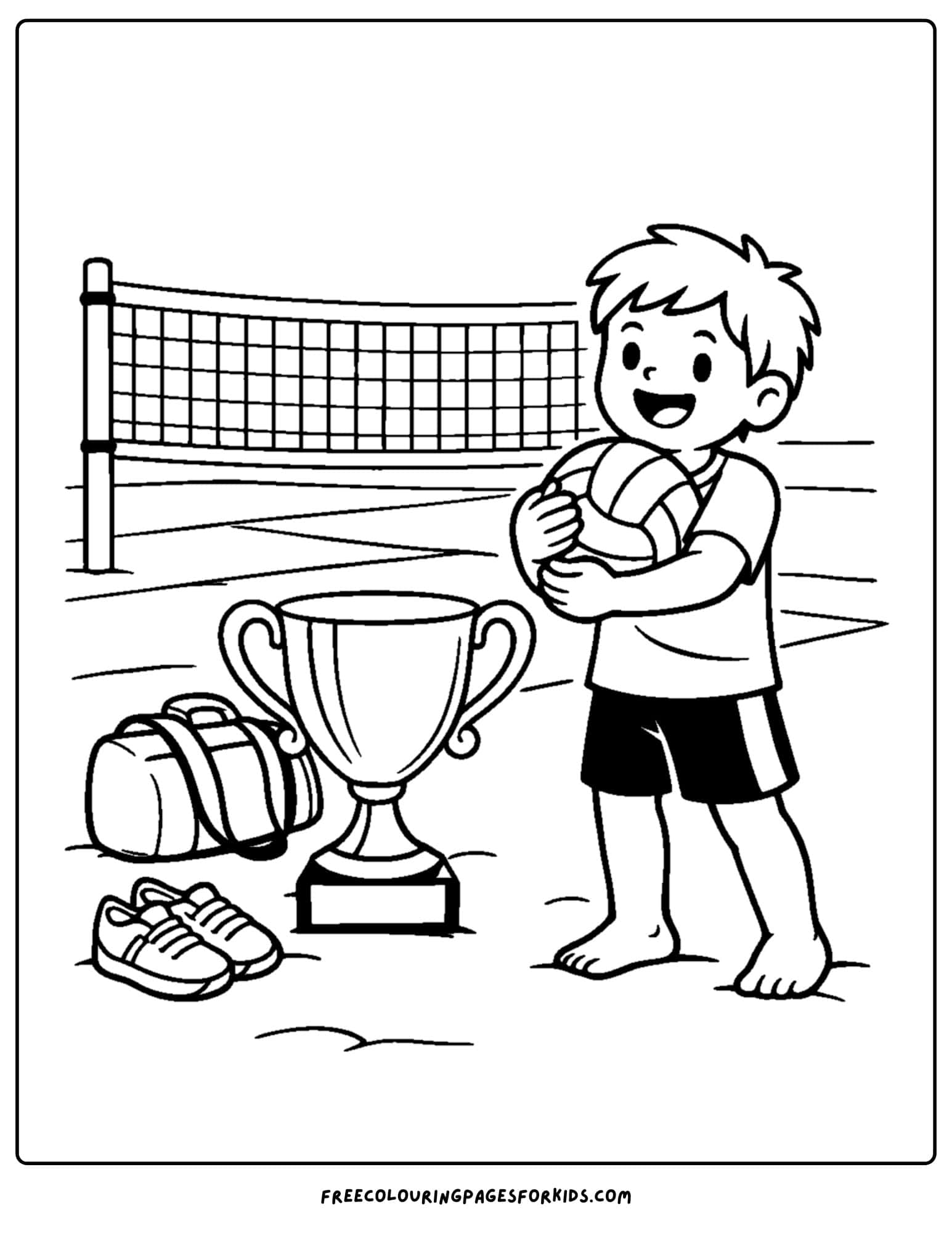 a coloring page of a volleyball player happy after winning a trophy