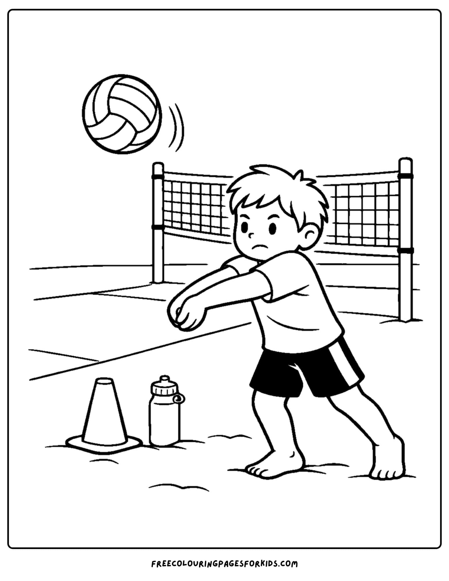 a coloring page of a volleyball player practicing a serve