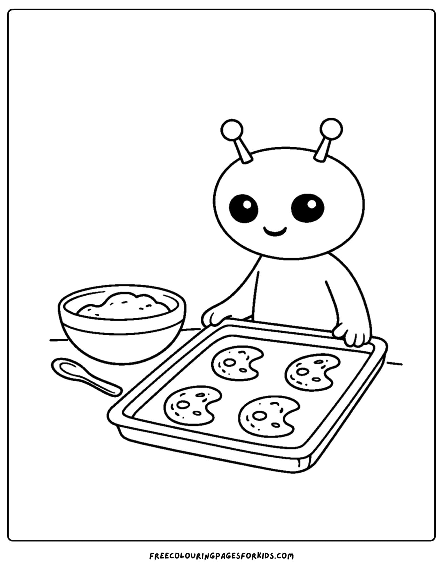 a coloring page of an alien baking moon cookies