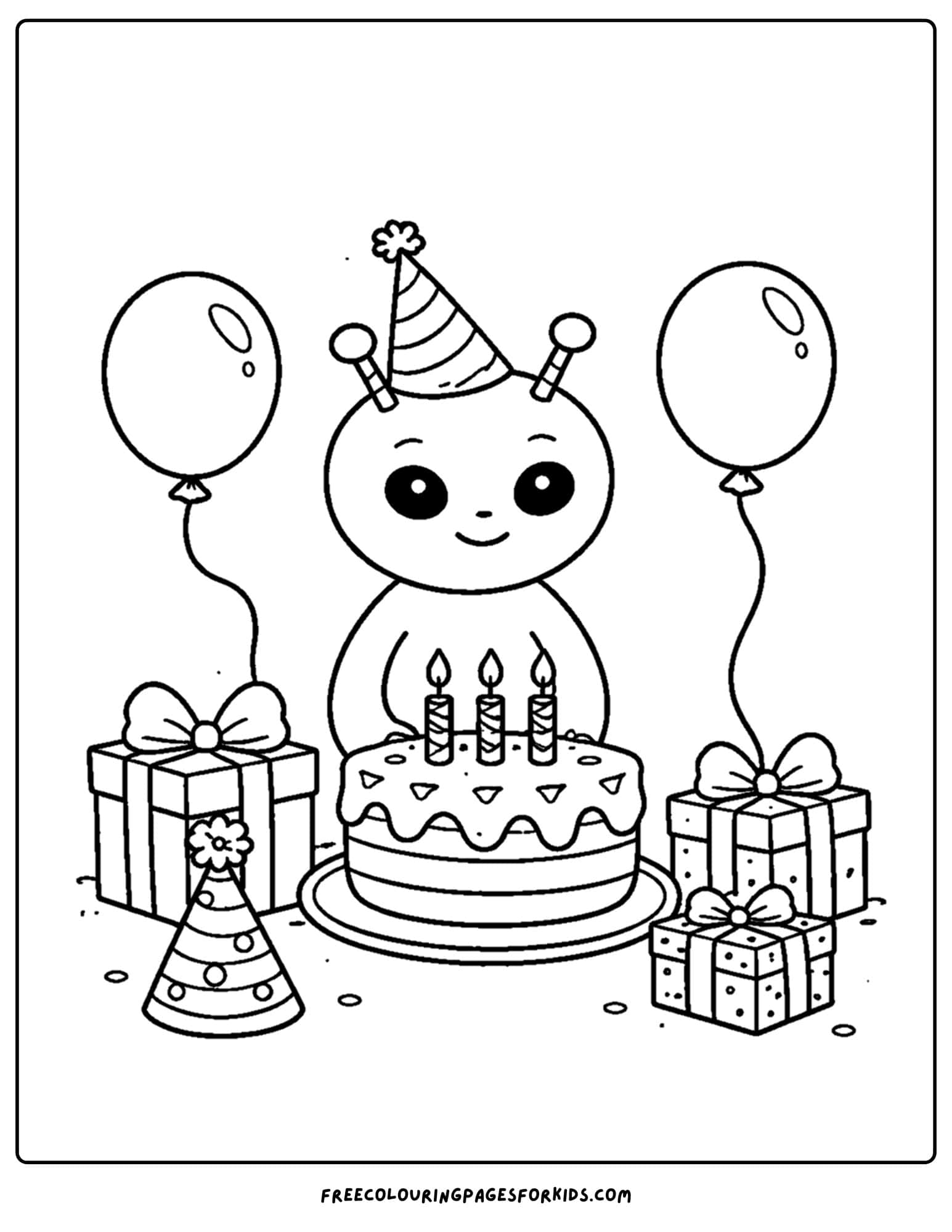a coloring page of an alien celebrating a birthday