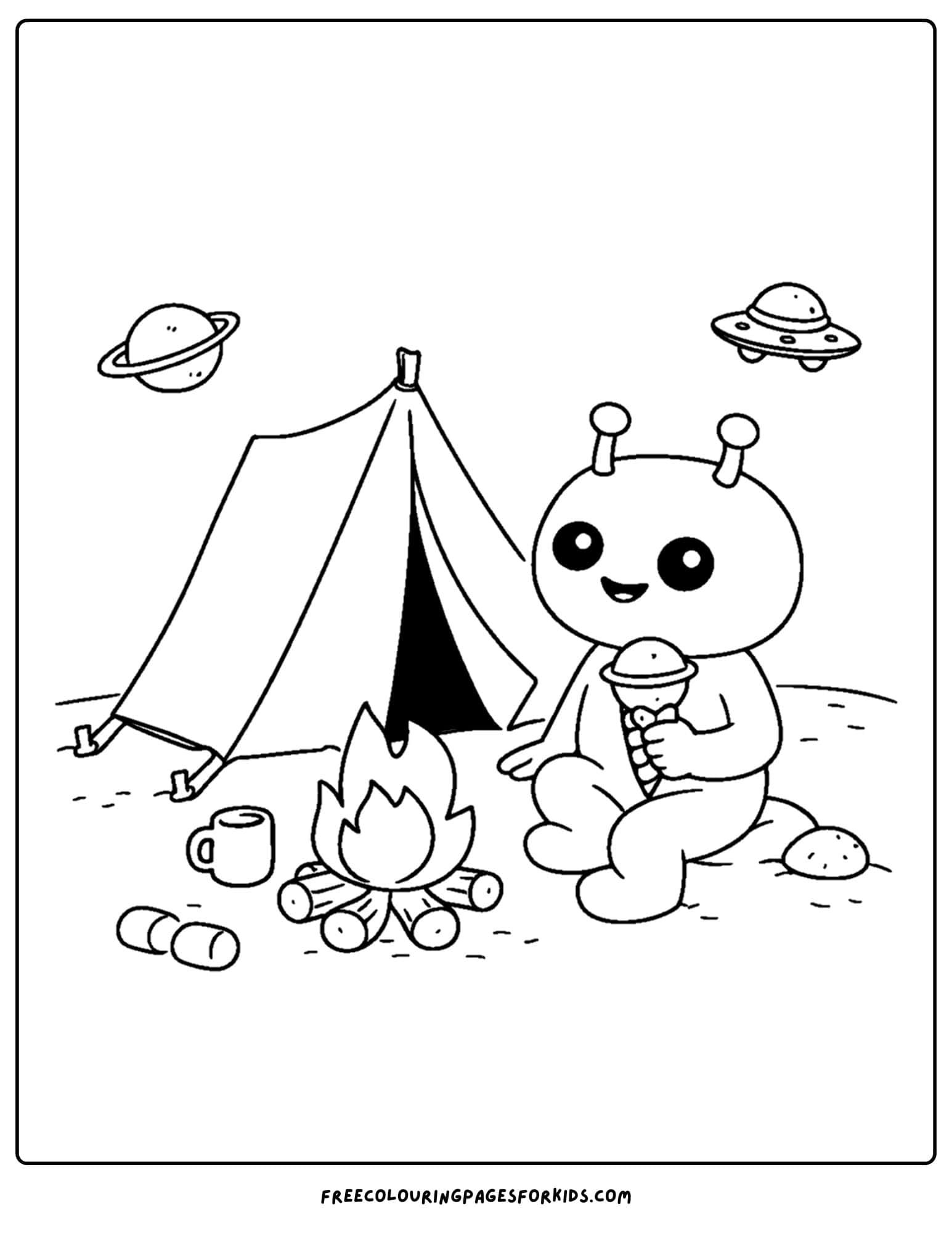a coloring page of an alien camping on the moon