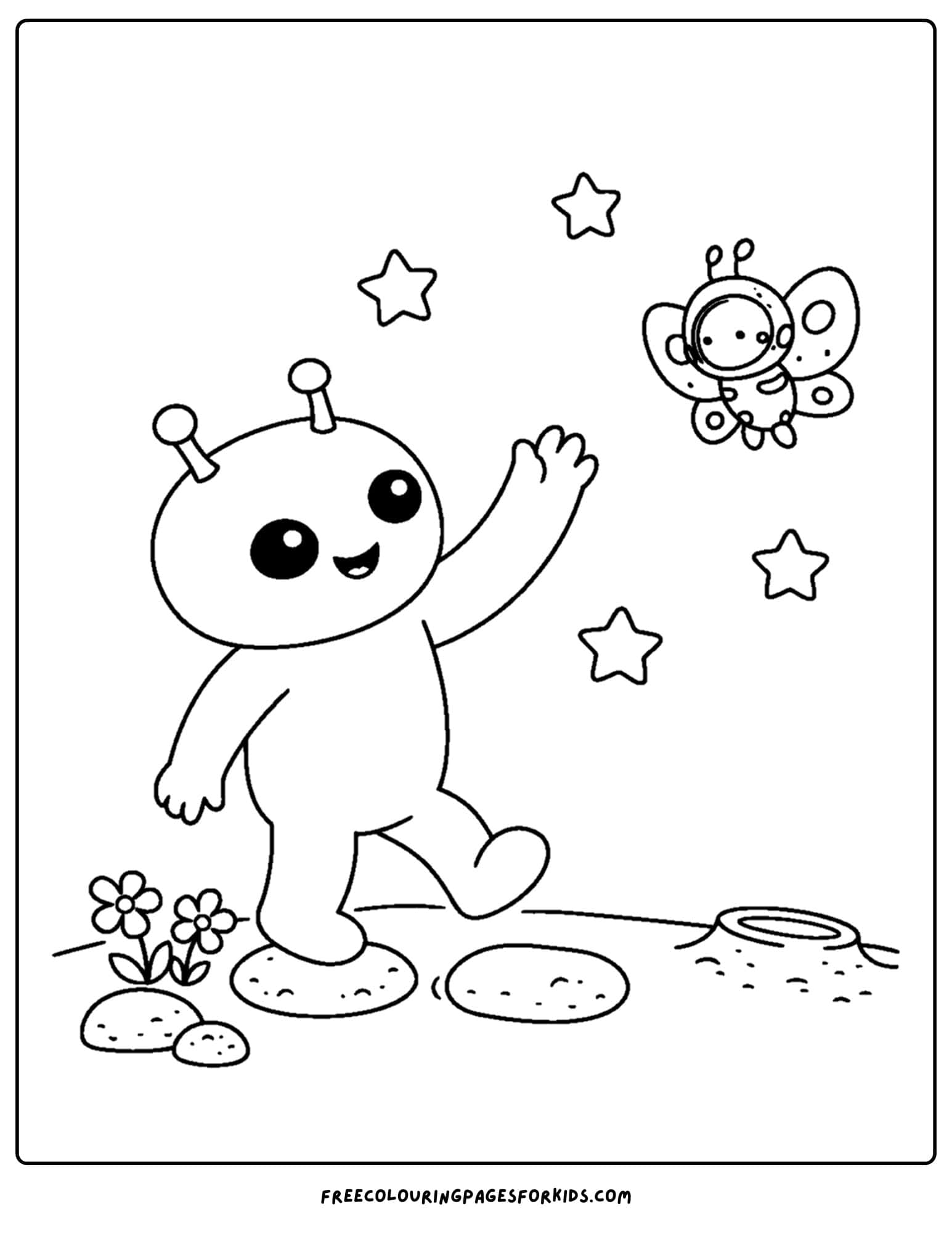 a coloring page of an alien chasing a space butterfly