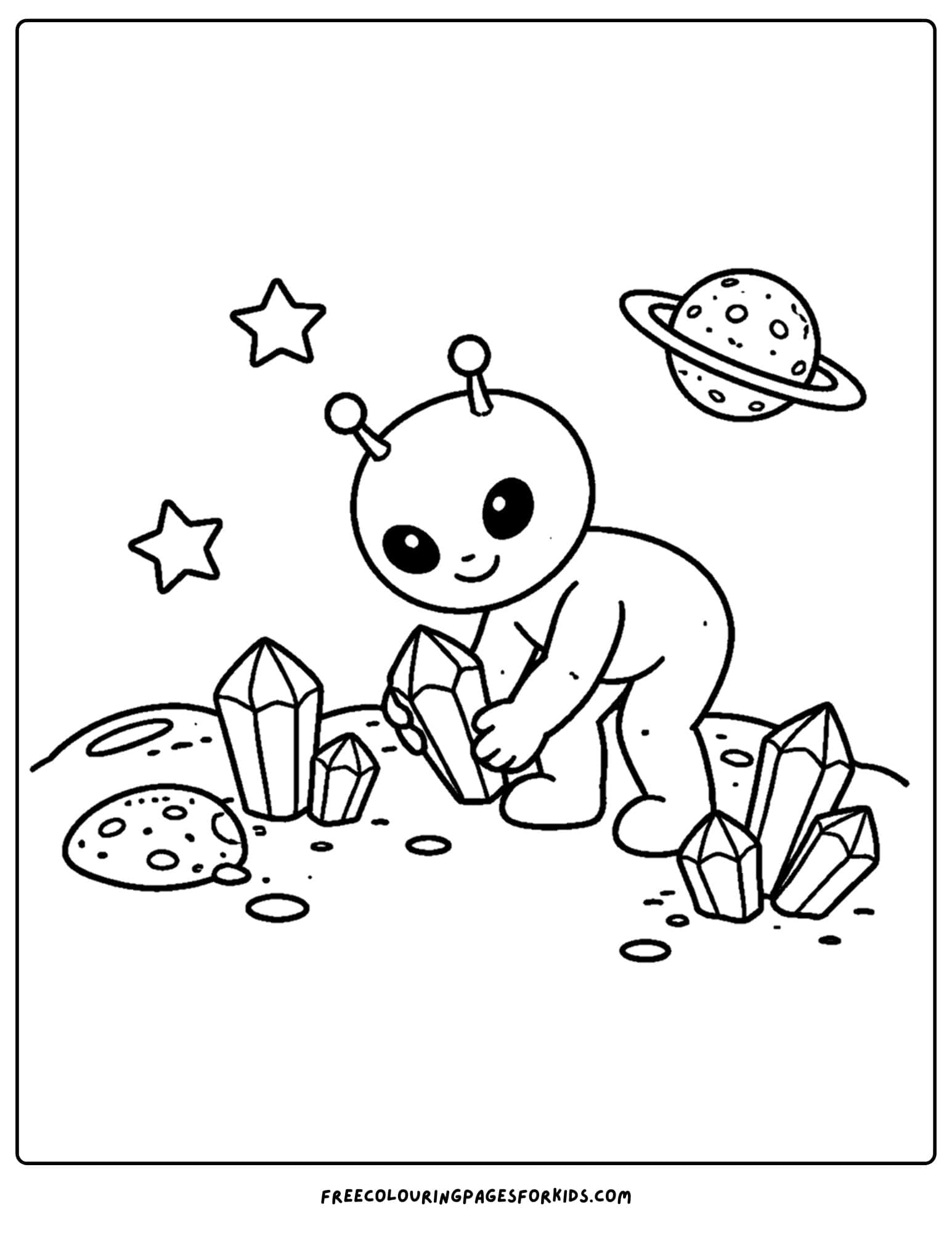 a coloring page of an alien collecting space crystals