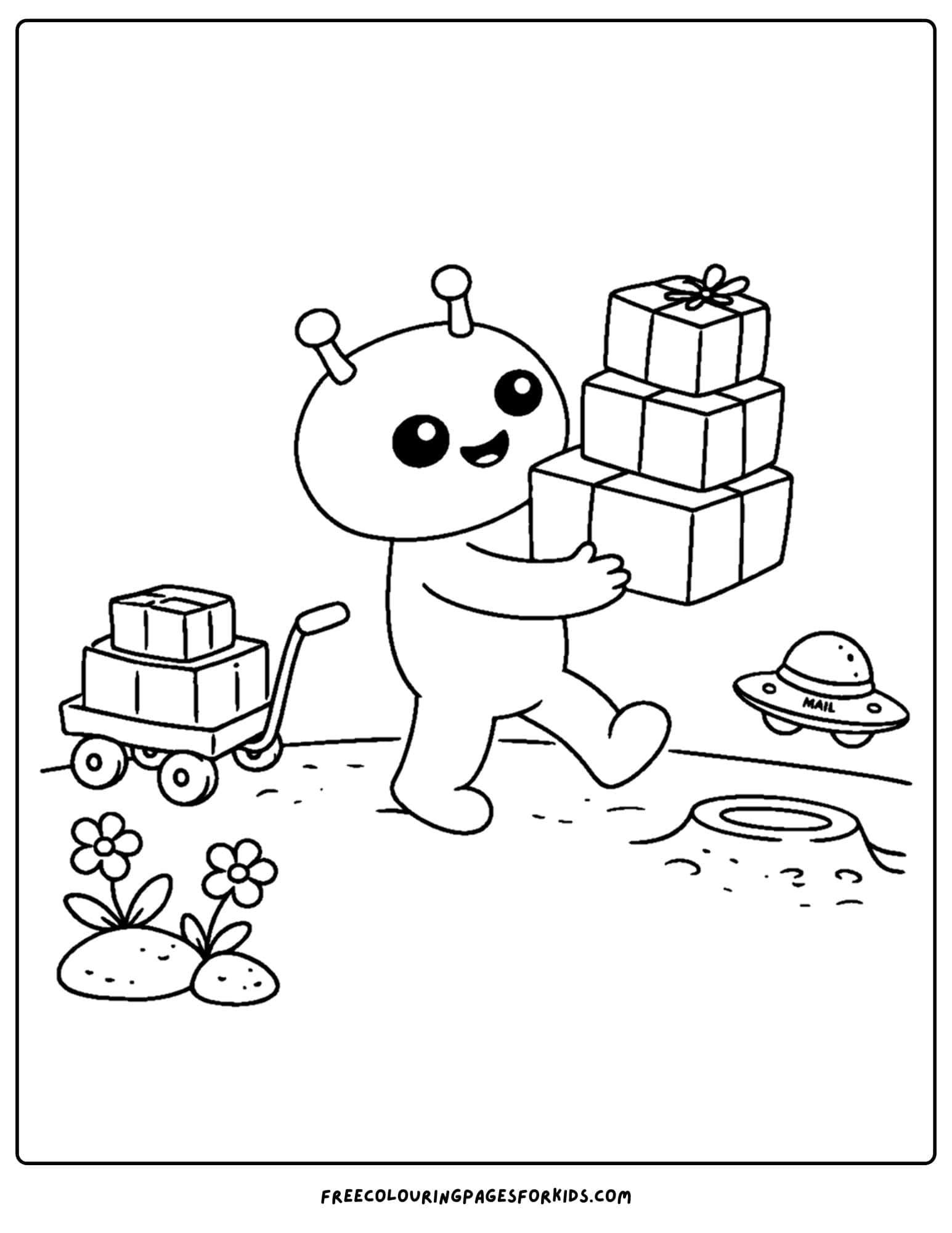 a coloring page of an alien carrying packages