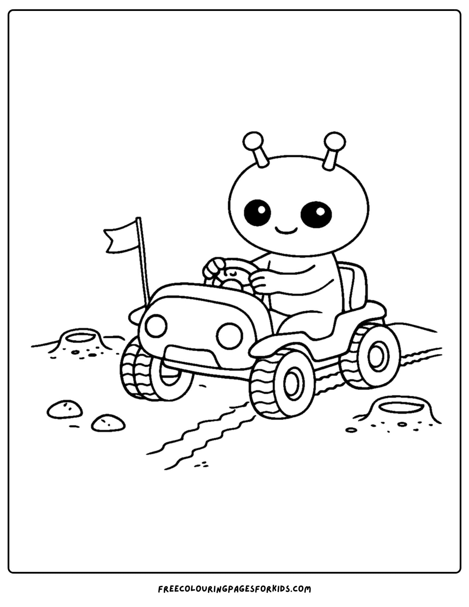 a coloring page of an alien driving a moon buggy